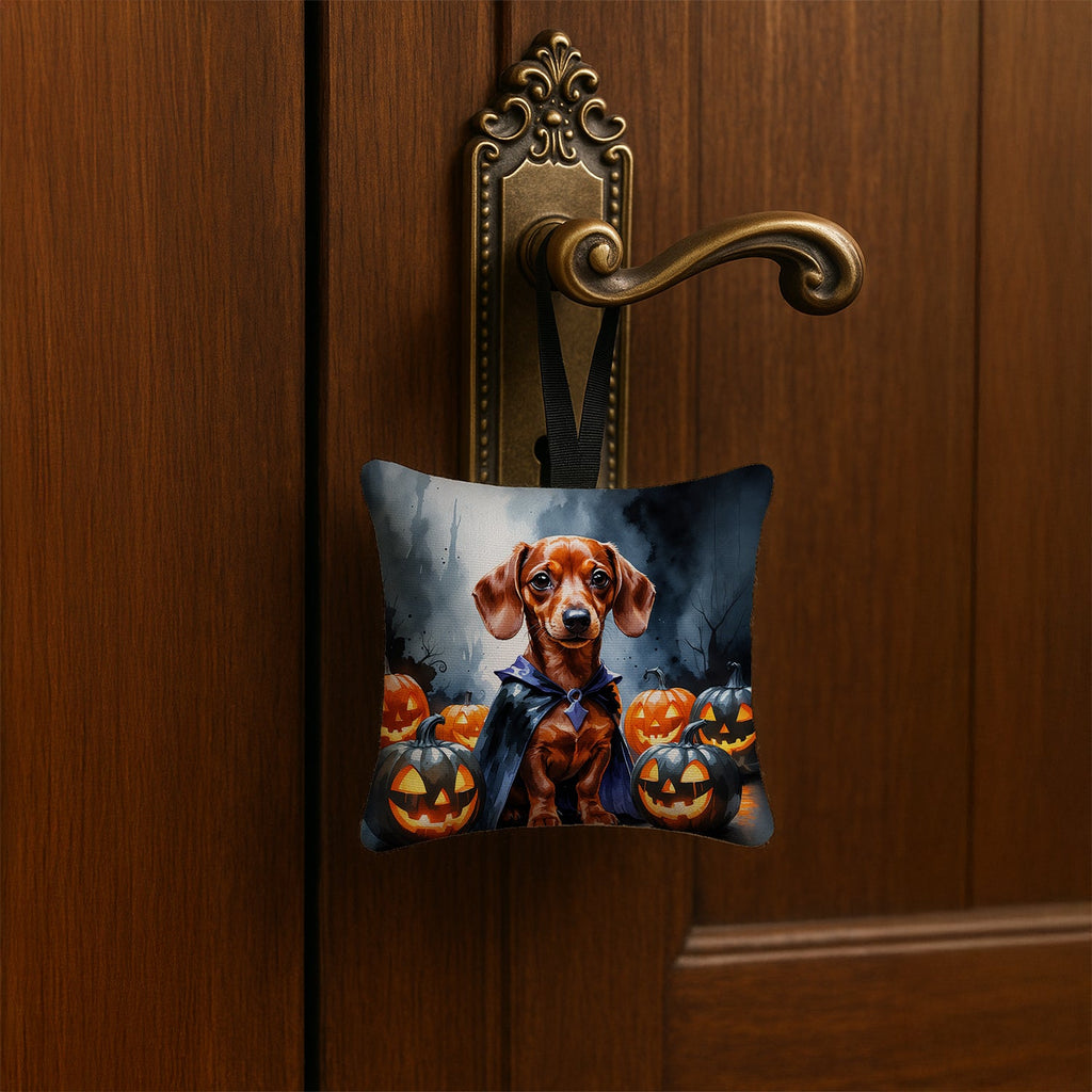 Red Dachshund Puppy Halloween Hanging Square Fabric Ornament 3.5 × 3.5 Decorative Door-Knob & Tree Hanger, Soft Fabric