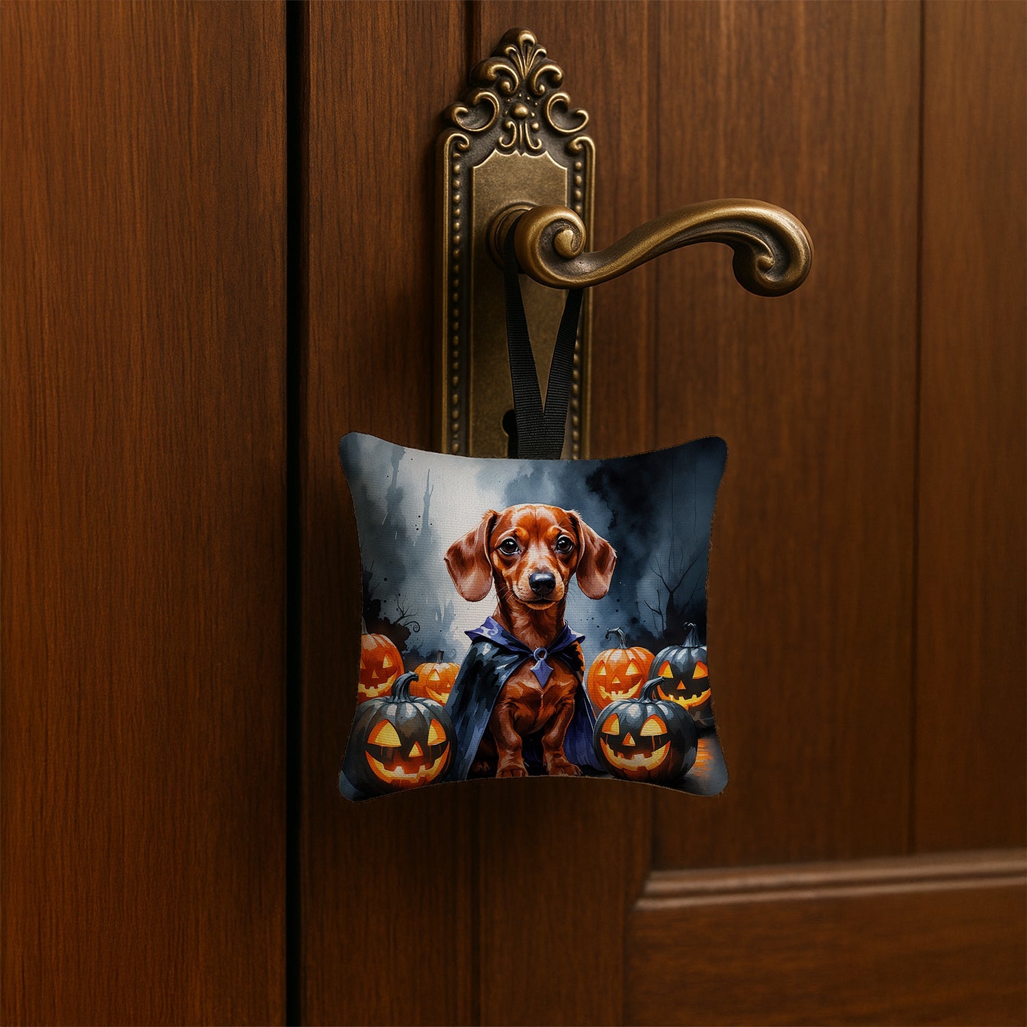 Red Dachshund Puppy Halloween Hanging Square Fabric Ornament 3.5 × 3.5 Decorative Door-Knob & Tree Hanger, Soft Fabric