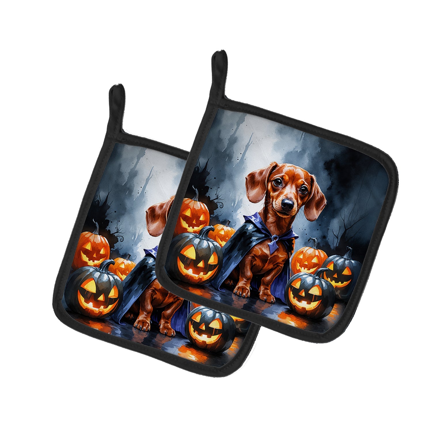 Red Dachshund Puppy Halloween Pot Holder Set of 2 Heat Resistant Quilted Hot Pads 7.5 x 7.5 Inch, Insulated Kitchen Trivets for Cooking & Baking