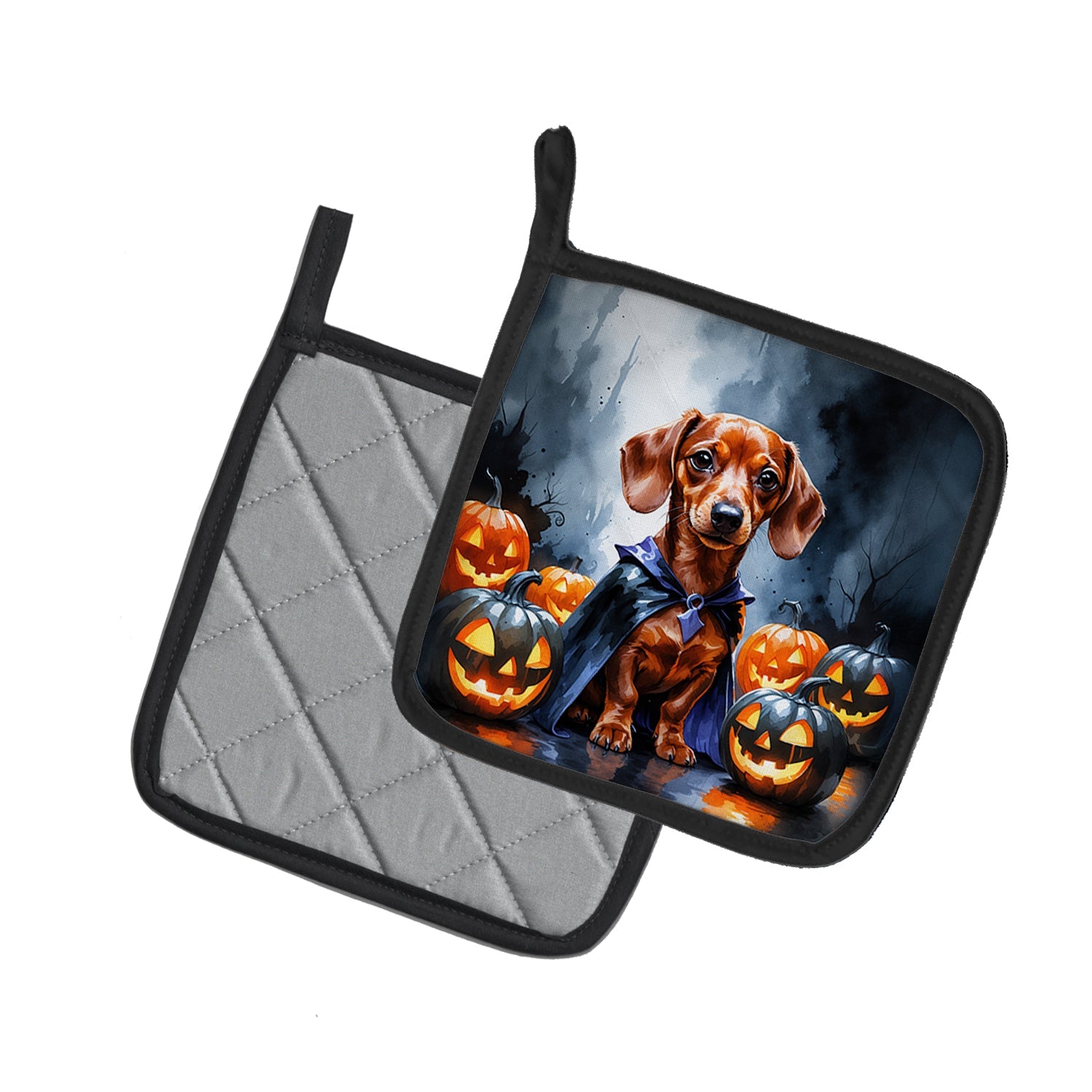 Red Dachshund Puppy Halloween Pot Holder Set of 2 Heat Resistant Quilted Hot Pads 7.5 x 7.5 Inch, Insulated Kitchen Trivets for Cooking & Baking