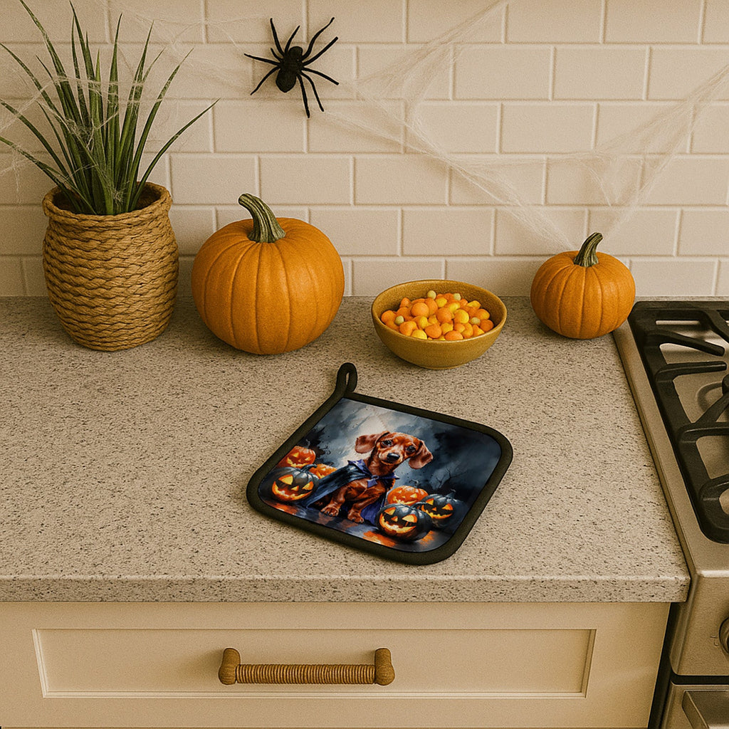 Red Dachshund Puppy Halloween Pot Holder Set of 2 Heat Resistant Quilted Hot Pads 7.5 x 7.5 Inch, Insulated Kitchen Trivets for Cooking & Baking