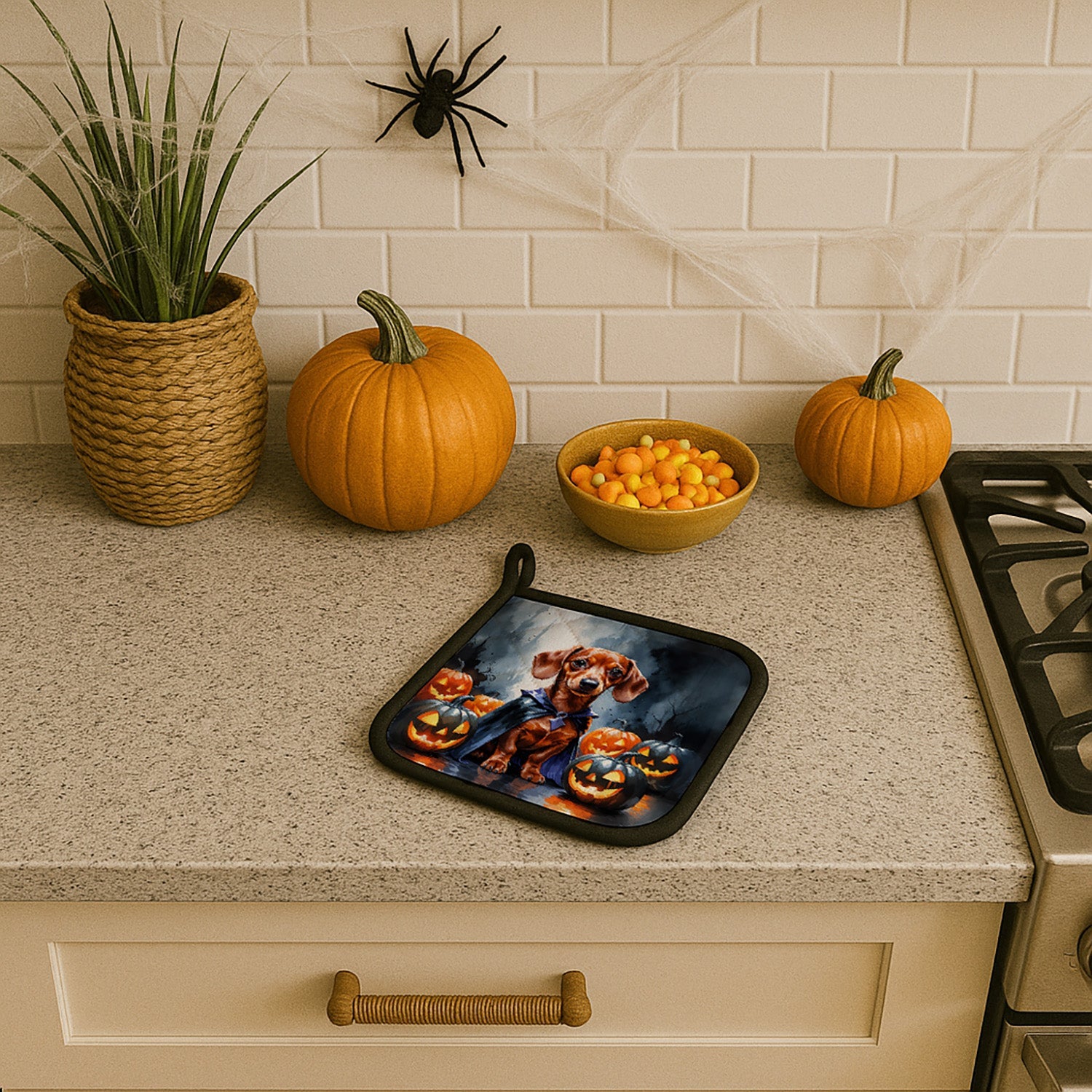 Red Dachshund Puppy Halloween Pot Holder Set of 2 Heat Resistant Quilted Hot Pads 7.5 x 7.5 Inch, Insulated Kitchen Trivets for Cooking & Baking