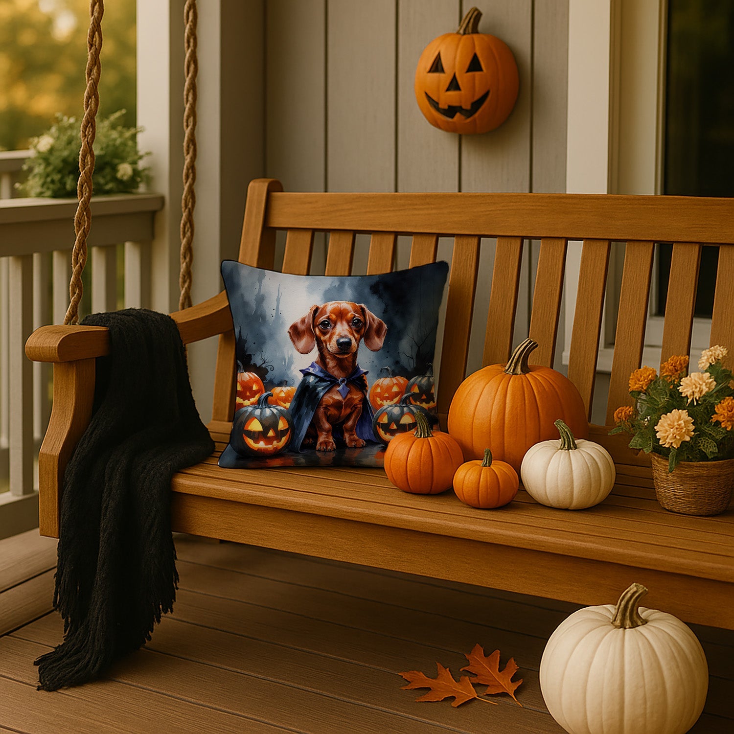 Red Dachshund Puppy Halloween Decorative Throw Pillow 14x14 Indoor Outdoor Accent Cushion, Fabric Cover with Insert for Sofa, Bed, Porch & Living Room