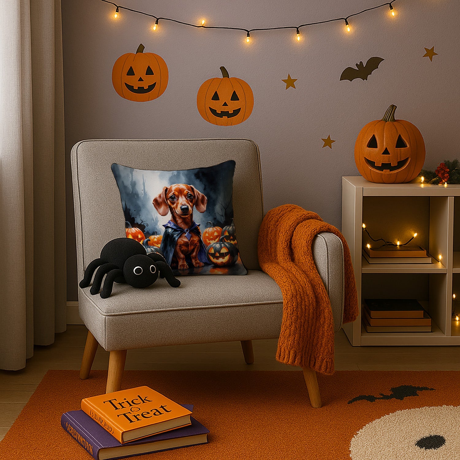 Red Dachshund Puppy Halloween Decorative Throw Pillow 14x14 Indoor Outdoor Accent Cushion, Fabric Cover with Insert for Sofa, Bed, Porch & Living Room