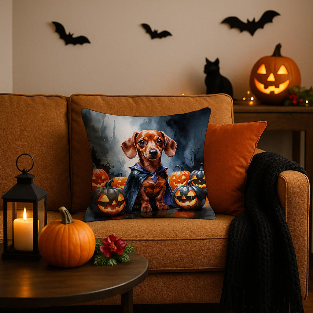 Red Dachshund Puppy Halloween Decorative Throw Pillow 18x18 Indoor Outdoor Accent Cushion, Fabric Cover with Insert for Sofa, Bed, Porch & Living Room