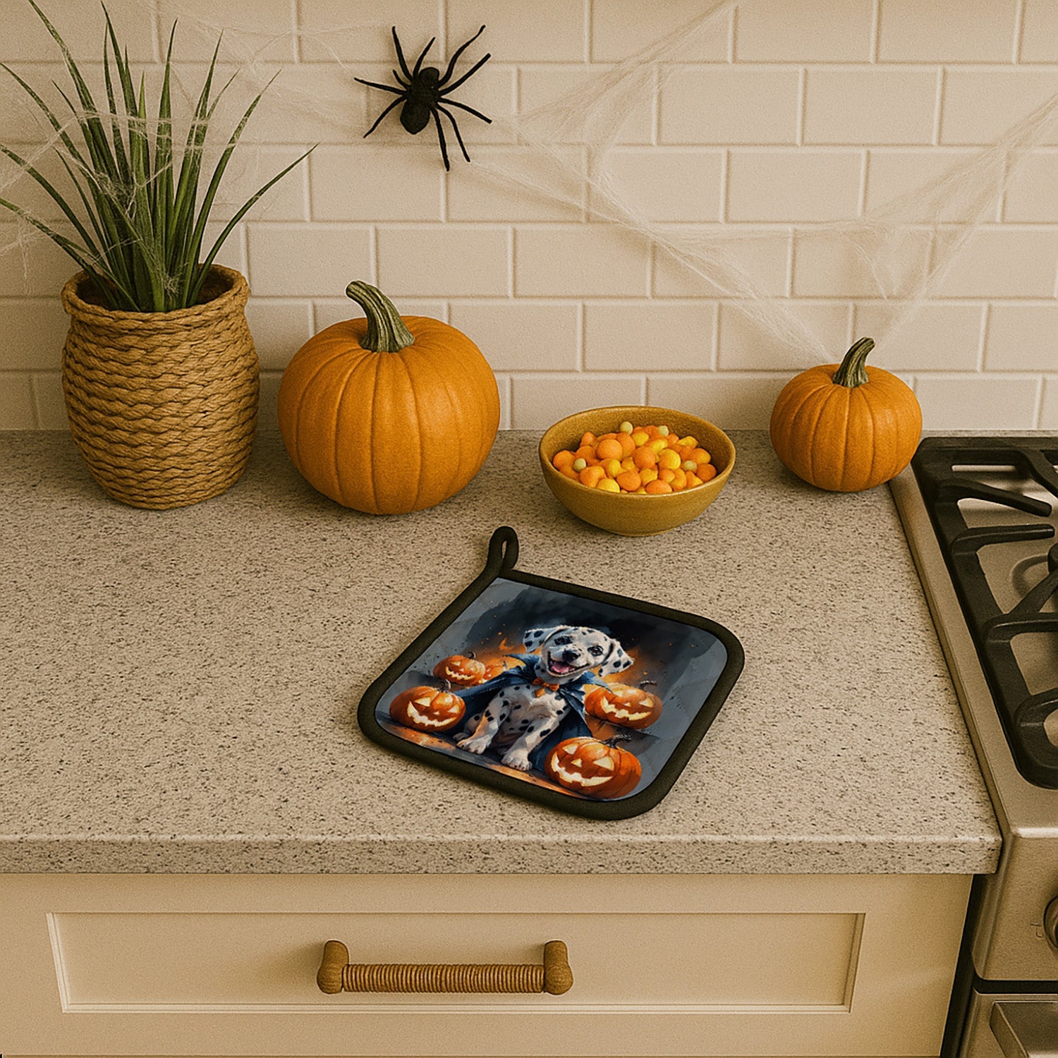 Dalmatian Puppy Halloween Pot Holder Set of 2 Heat Resistant Quilted Hot Pads 7.5 x 7.5 Inch, Insulated Kitchen Trivets for Cooking & Baking