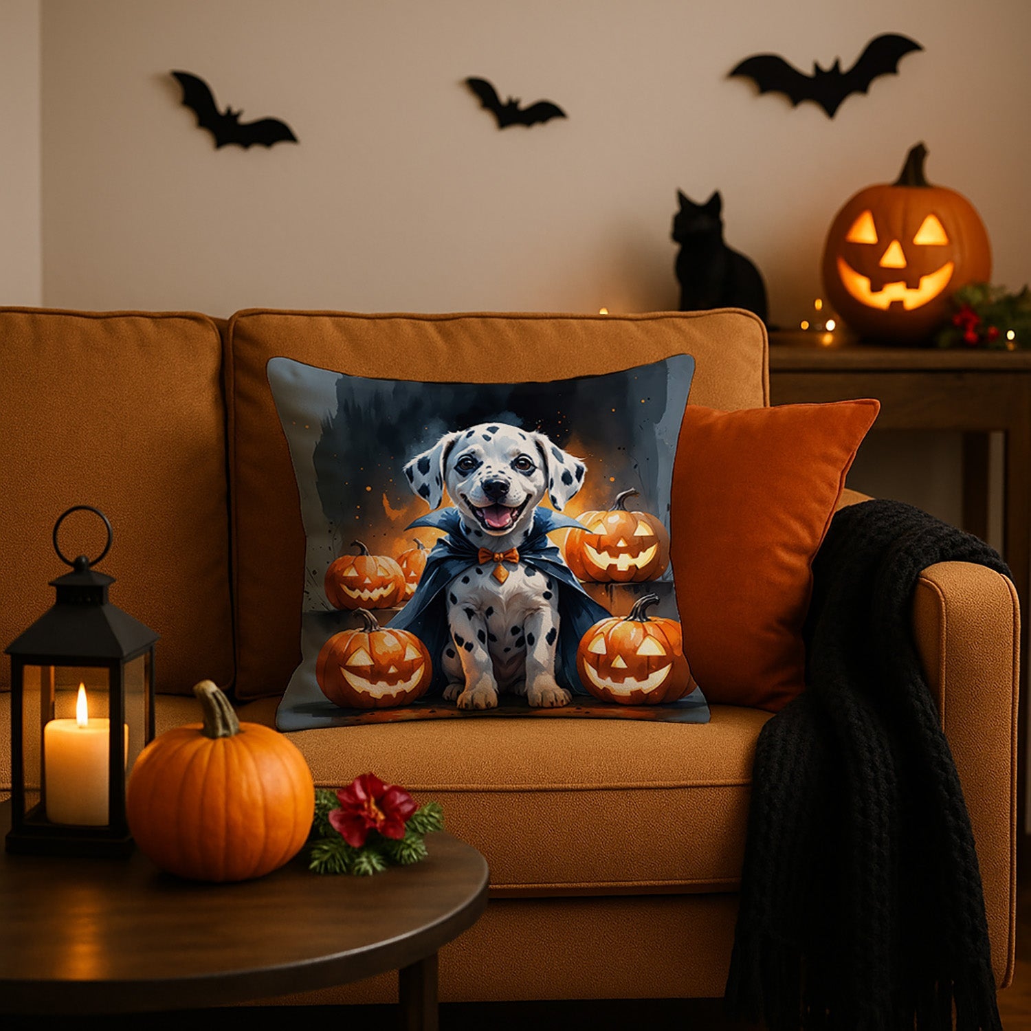 Dalmatian Puppy Halloween Decorative Throw Pillow 18x18 Indoor Outdoor Accent Cushion, Fabric Cover with Insert for Sofa, Bed, Porch & Living Room