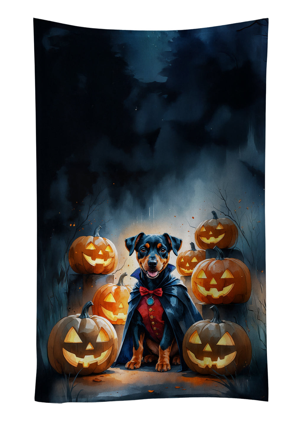 Doberman Pinscher Puppy Halloween Kitchen Towel Velour Plush Front and Cotton Loop Back Machine Washable