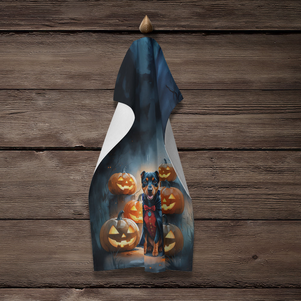 Doberman Pinscher Puppy Halloween Kitchen Towel Velour Plush Front and Cotton Loop Back Machine Washable