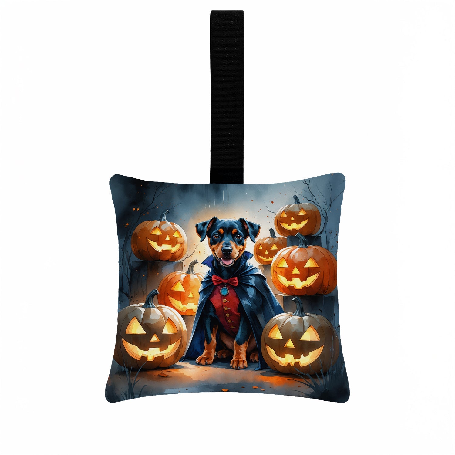 Doberman Pinscher Puppy Halloween Hanging Square Fabric Ornament 3.5 × 3.5 Decorative Door-Knob & Tree Hanger, Soft Fabric
