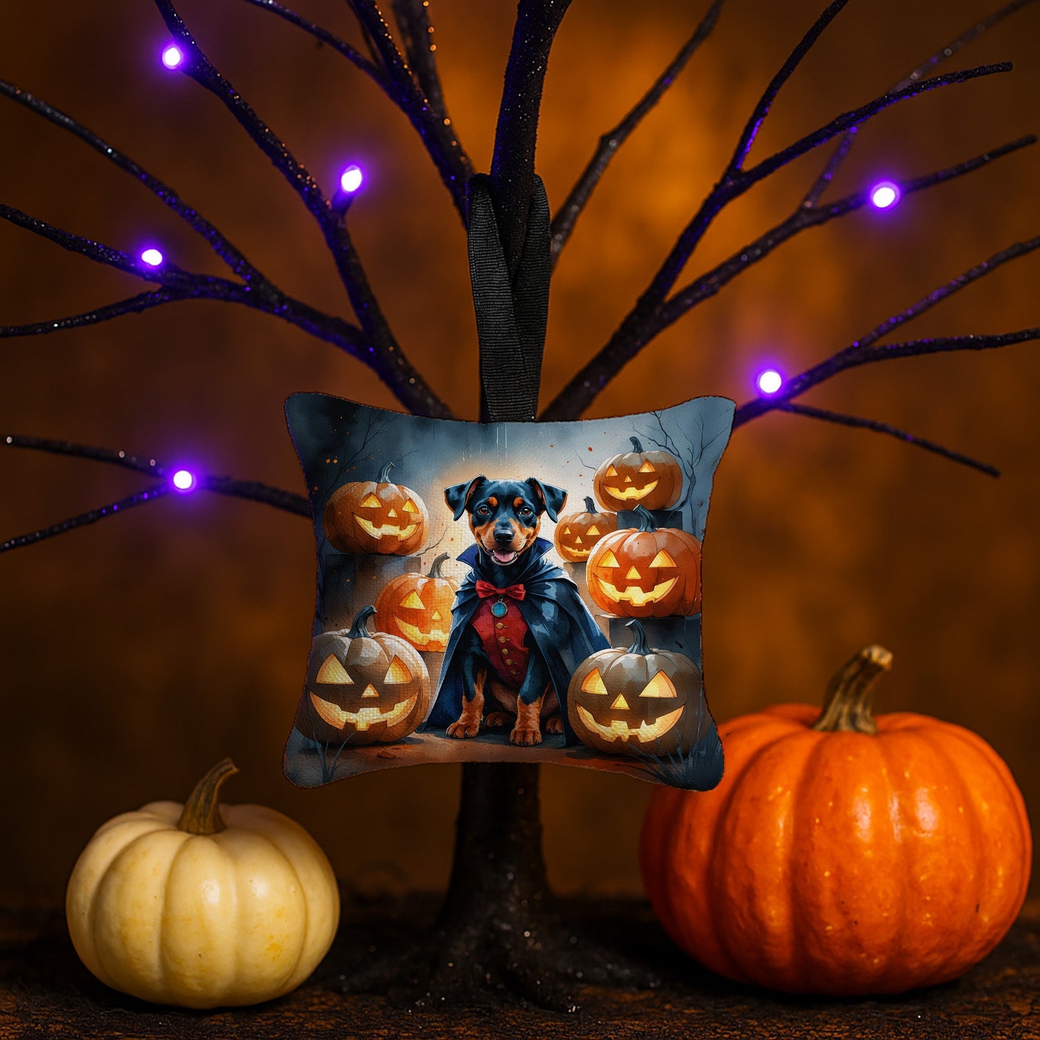 Doberman Pinscher Puppy Halloween Hanging Square Fabric Ornament 3.5 × 3.5 Decorative Door-Knob & Tree Hanger, Soft Fabric