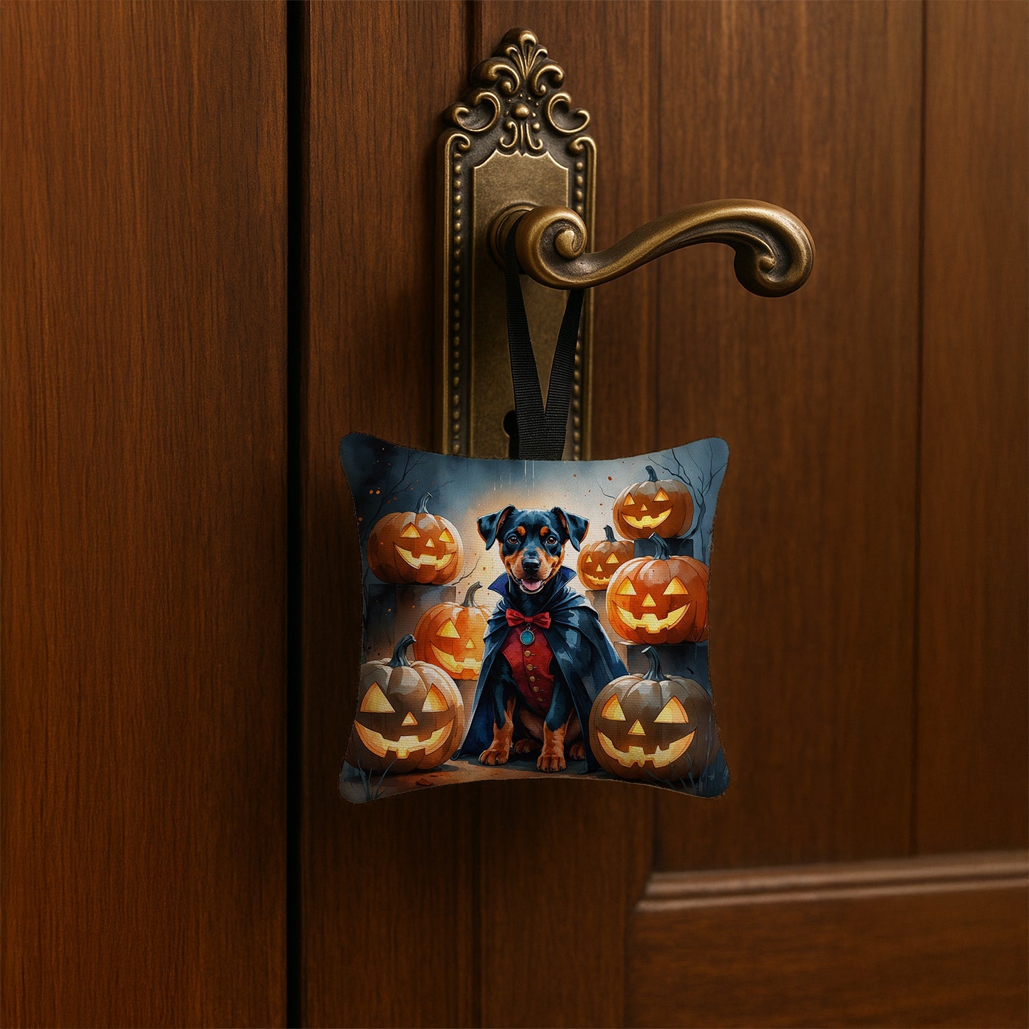 Doberman Pinscher Puppy Halloween Hanging Square Fabric Ornament 3.5 × 3.5 Decorative Door-Knob & Tree Hanger, Soft Fabric
