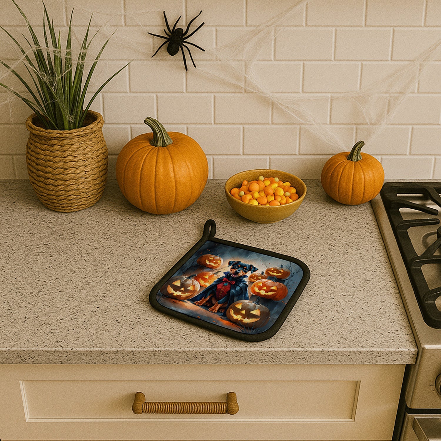 Doberman Pinscher Puppy Halloween Pot Holder Set of 2 Heat Resistant Quilted Hot Pads 7.5 x 7.5 Inch, Insulated Kitchen Trivets for Cooking & Baking
