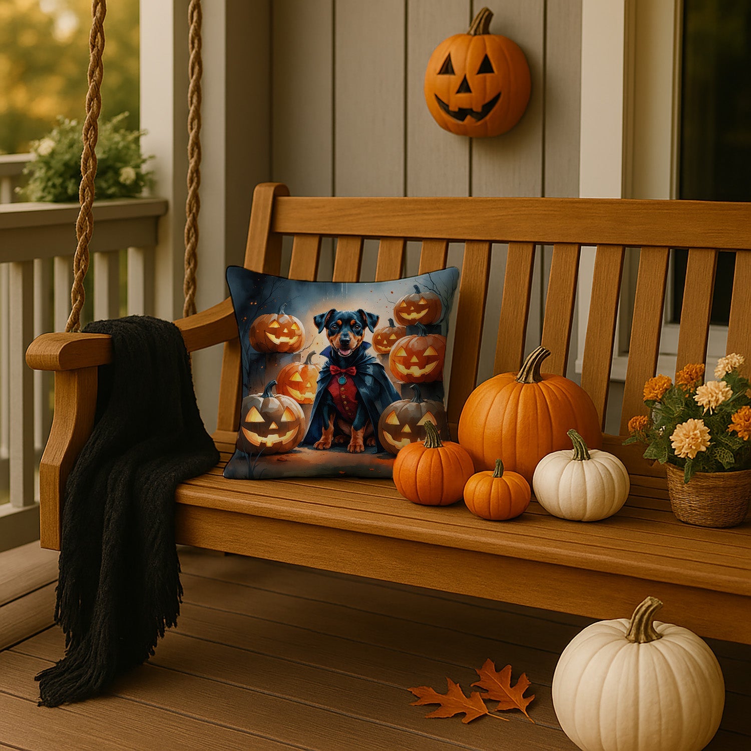 Doberman Pinscher Puppy Halloween Decorative Throw Pillow 14x14 Indoor Outdoor Accent Cushion, Fabric Cover with Insert for Sofa, Bed, Porch & Living Room