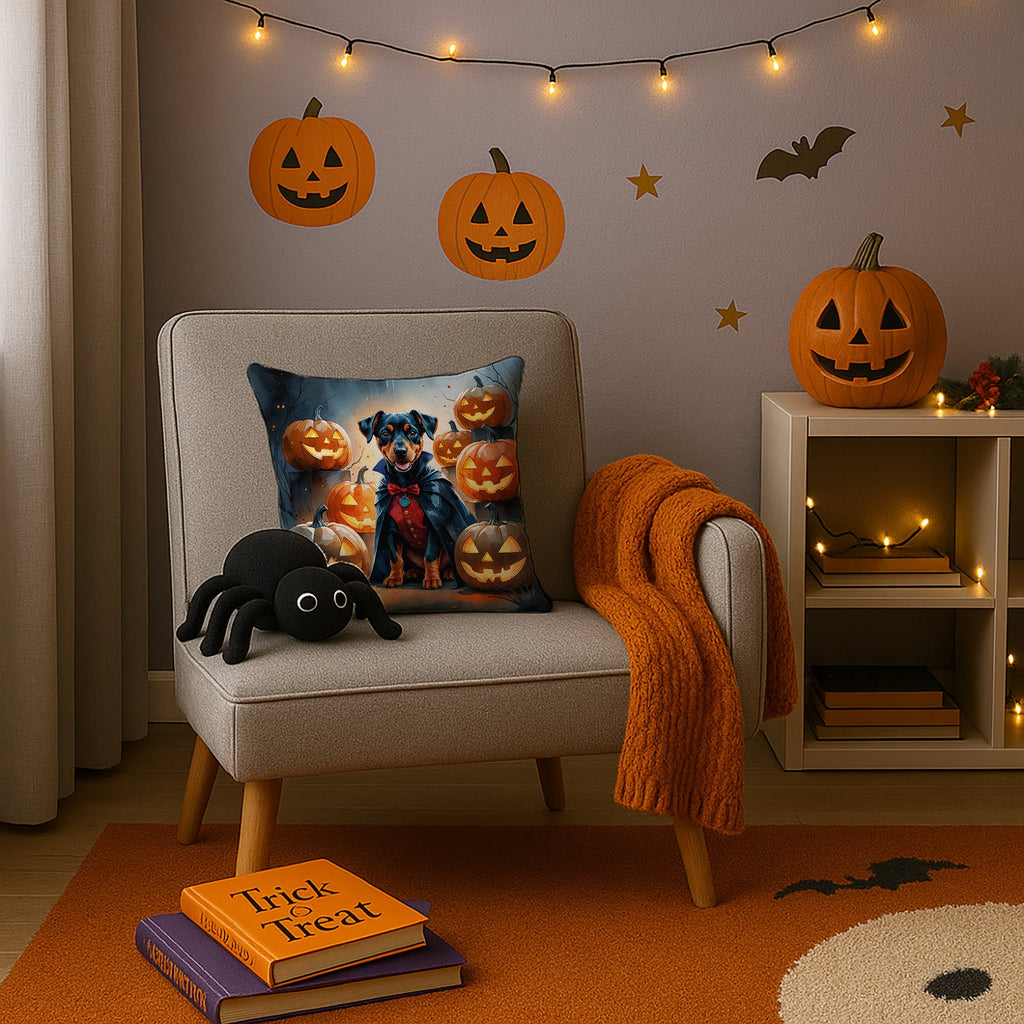Doberman Pinscher Puppy Halloween Decorative Throw Pillow 14x14 Indoor Outdoor Accent Cushion, Fabric Cover with Insert for Sofa, Bed, Porch & Living Room