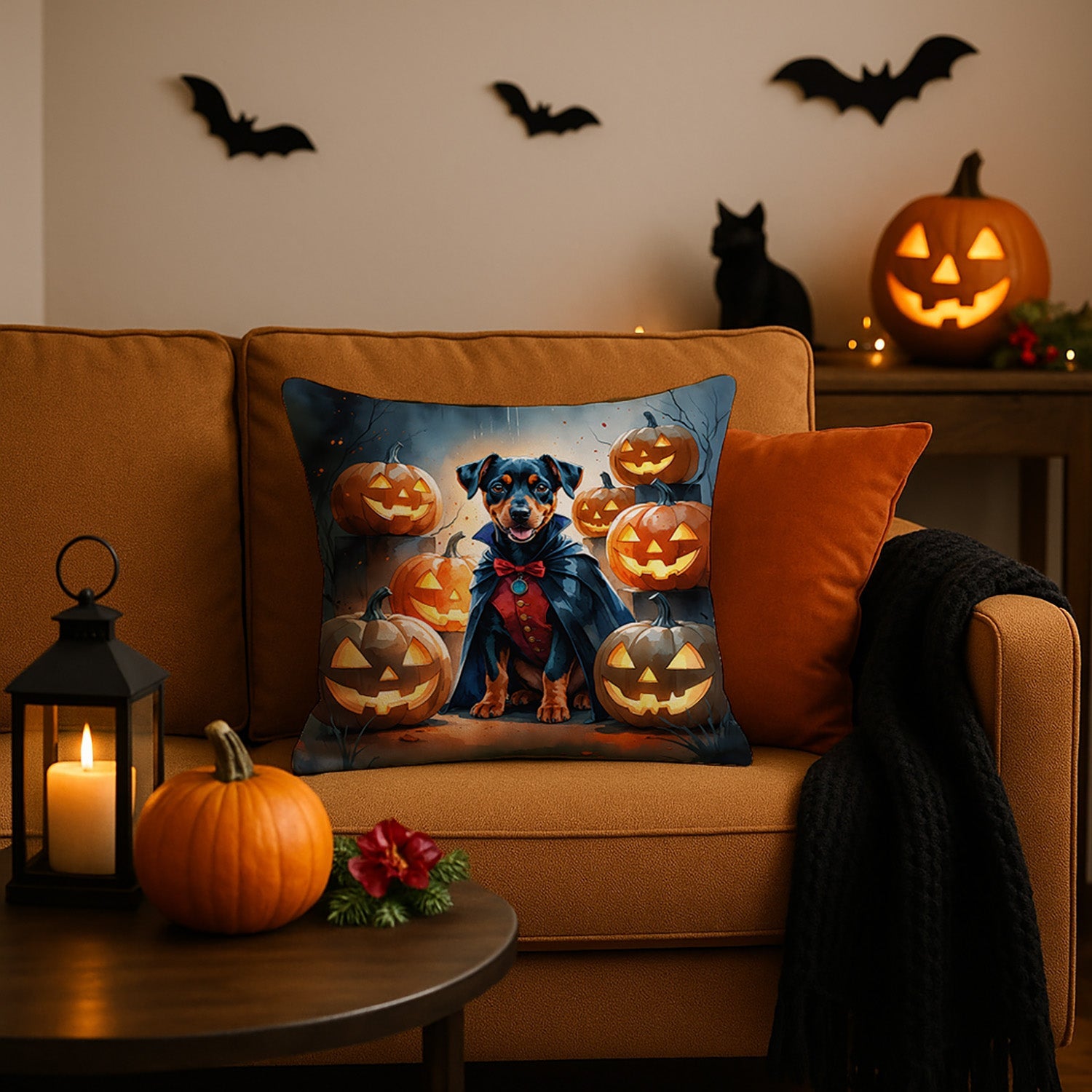 Doberman Pinscher Puppy Halloween Decorative Throw Pillow 18x18 Indoor Outdoor Accent Cushion, Fabric Cover with Insert for Sofa, Bed, Porch & Living Room