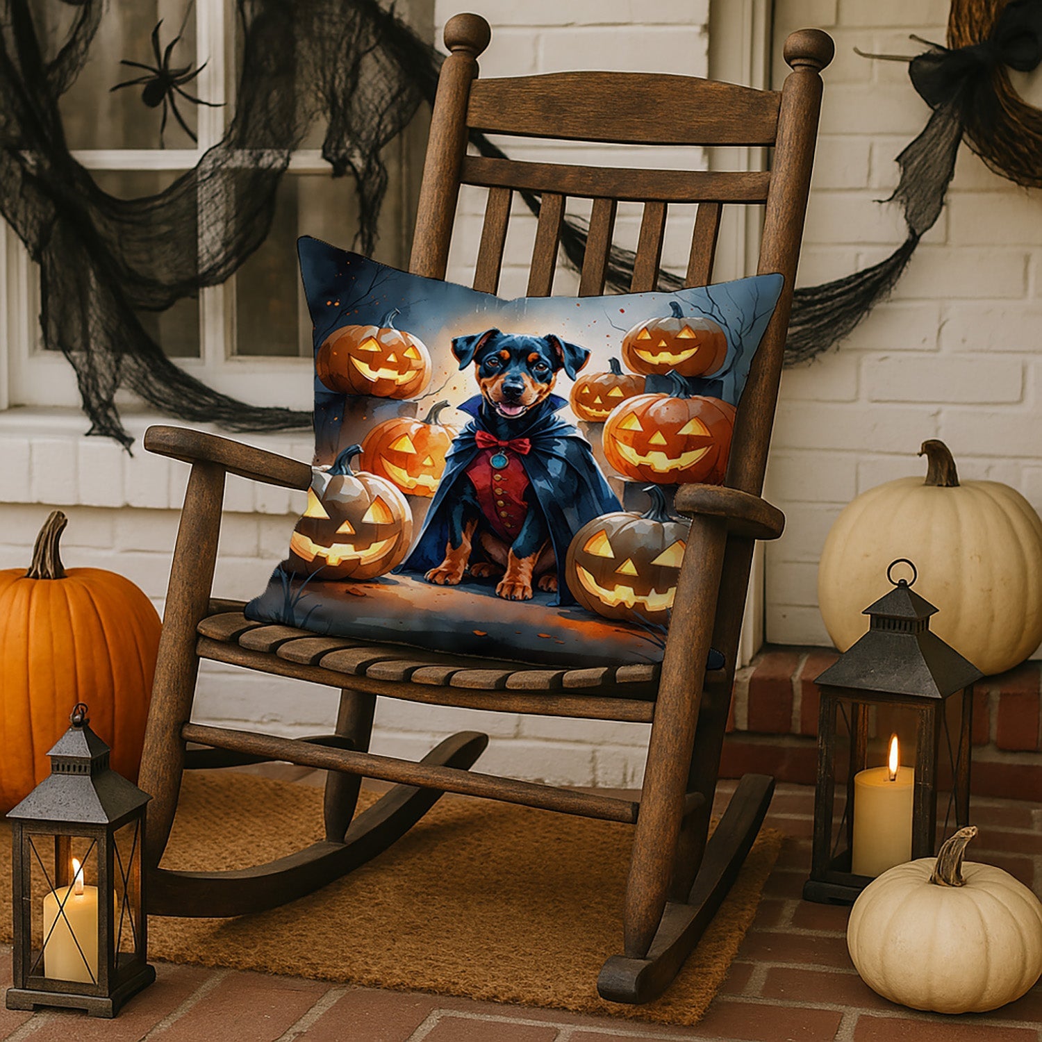 Doberman Pinscher Puppy Halloween Decorative Throw Pillow 18x18 Indoor Outdoor Accent Cushion, Fabric Cover with Insert for Sofa, Bed, Porch & Living Room