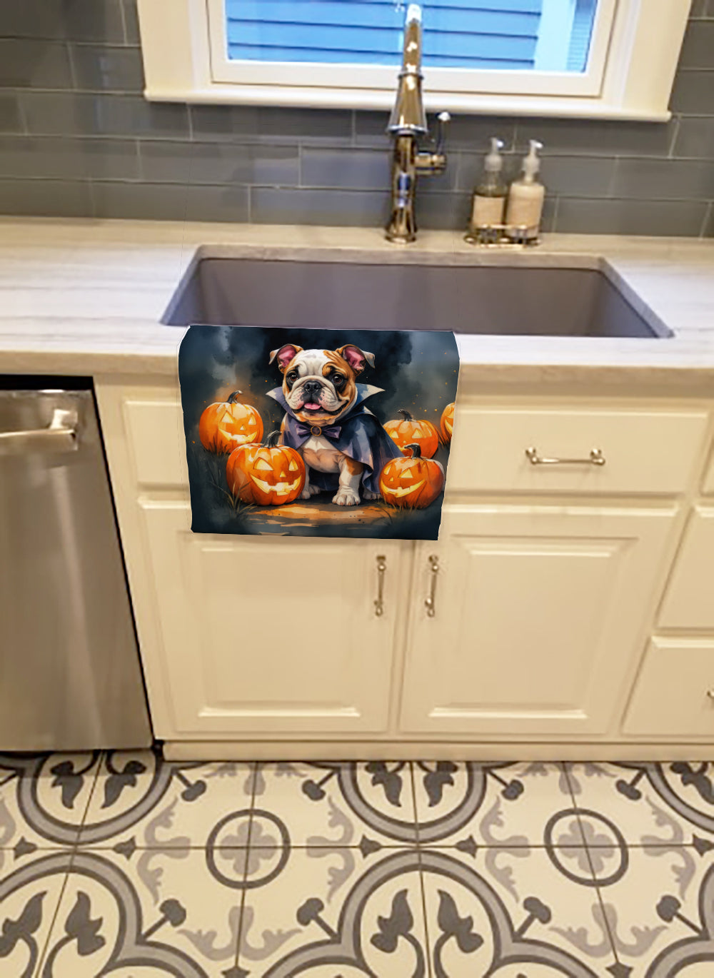 English Bulldog Puppy Halloween Kitchen Towel Velour Plush Front and Cotton Loop Back Machine Washable