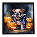 English Bulldog Puppy Halloween Framed Metal Print Bathroom, Kitchen, Office, Home Decor Wall Art Ready to Hang, Square, 8X8