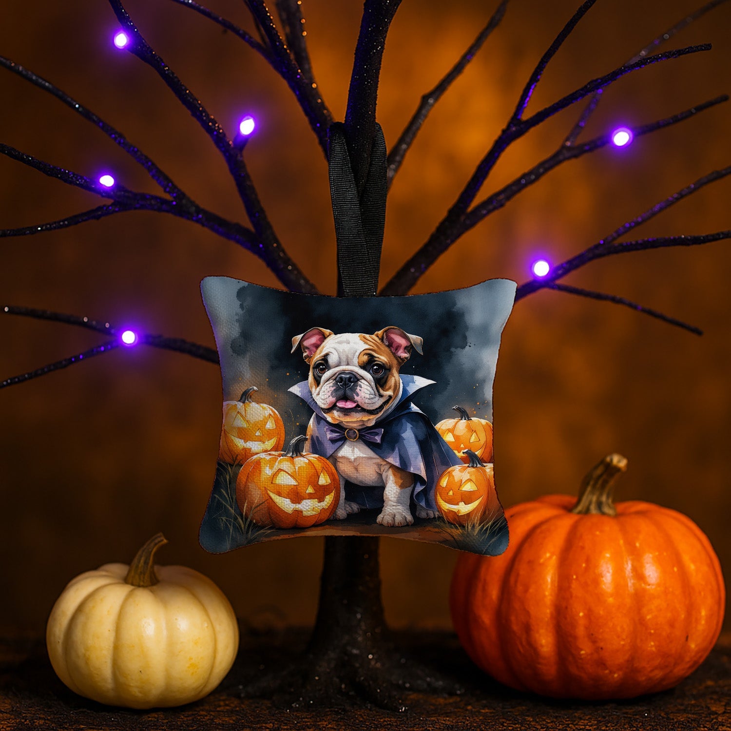 English Bulldog Puppy Halloween Hanging Square Fabric Ornament 3.5 × 3.5 Decorative Door-Knob & Tree Hanger, Soft Fabric