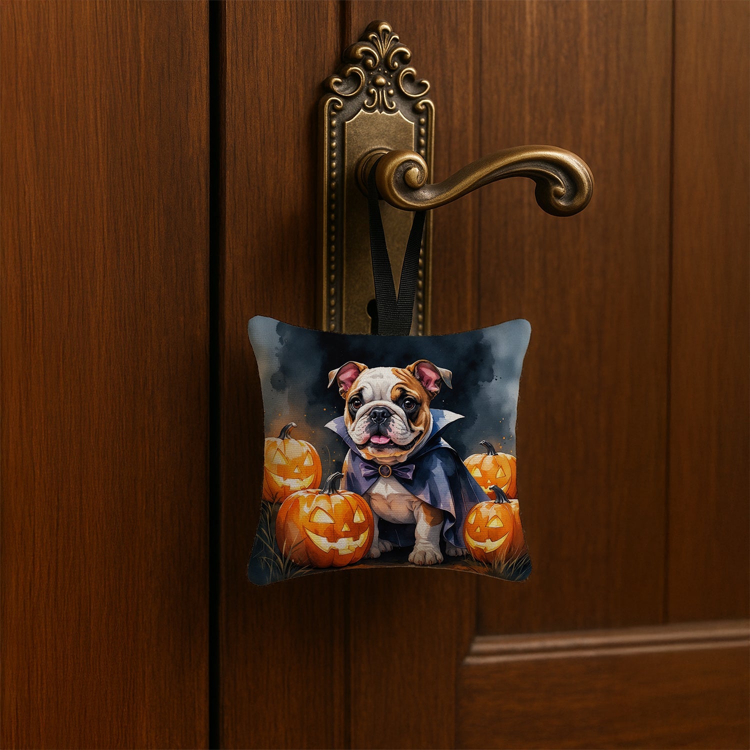English Bulldog Puppy Halloween Hanging Square Fabric Ornament 3.5 × 3.5 Decorative Door-Knob & Tree Hanger, Soft Fabric