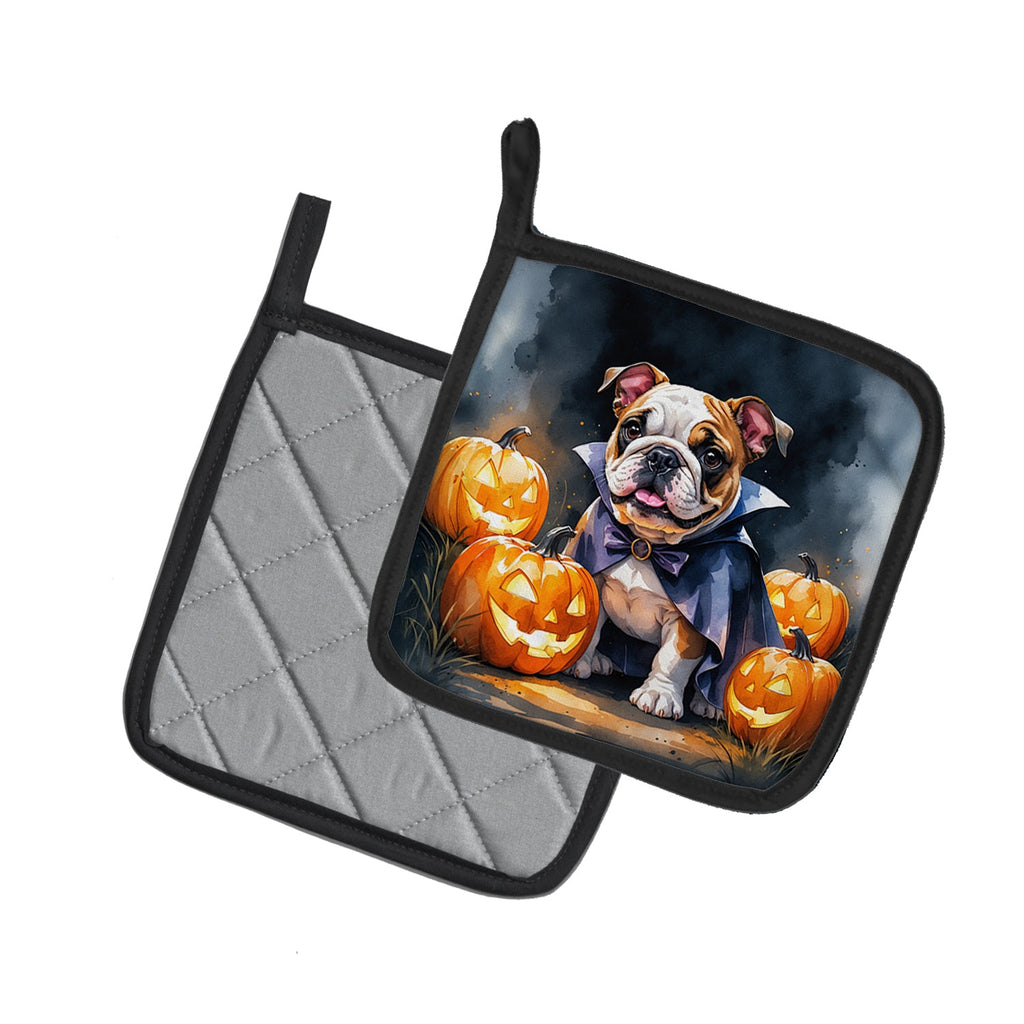 English Bulldog Puppy Halloween Pot Holder Set of 2 Heat Resistant Quilted Hot Pads 7.5 x 7.5 Inch, Insulated Kitchen Trivets for Cooking & Baking