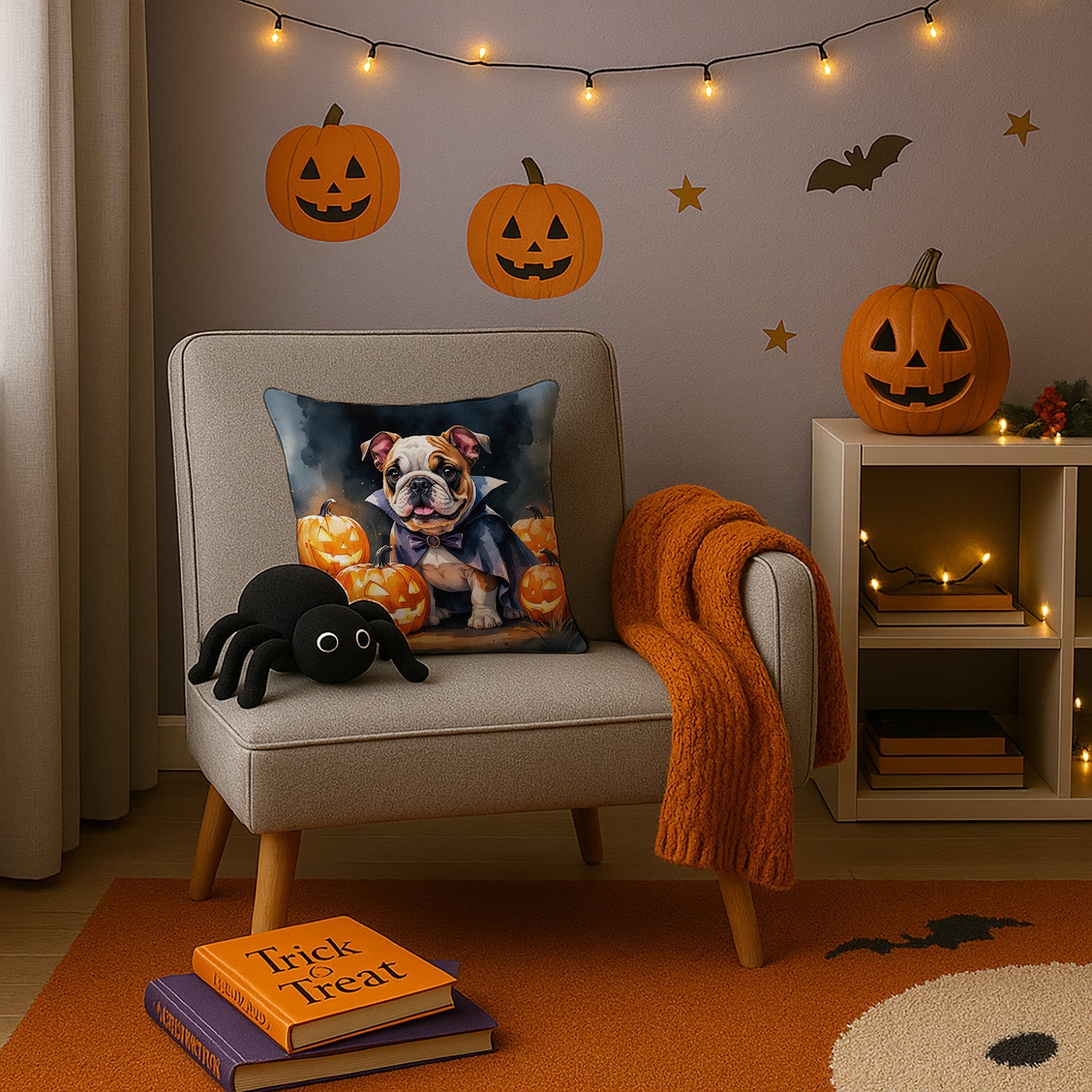 English Bulldog Puppy Halloween Decorative Throw Pillow 14x14 Indoor Outdoor Accent Cushion, Fabric Cover with Insert for Sofa, Bed, Porch & Living Room