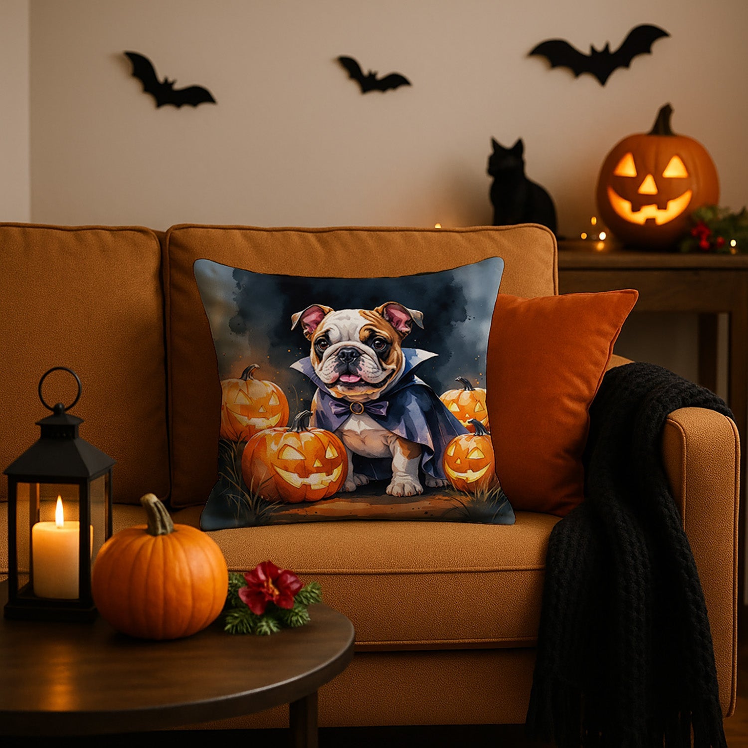 English Bulldog Puppy Halloween Decorative Throw Pillow 18x18 Indoor Outdoor Accent Cushion, Fabric Cover with Insert for Sofa, Bed, Porch & Living Room