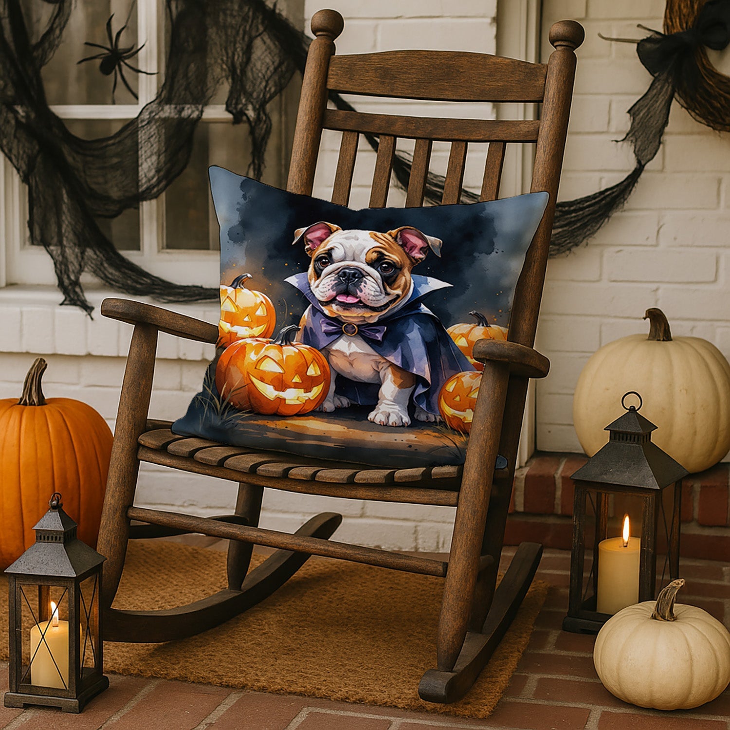 English Bulldog Puppy Halloween Decorative Throw Pillow 18x18 Indoor Outdoor Accent Cushion, Fabric Cover with Insert for Sofa, Bed, Porch & Living Room