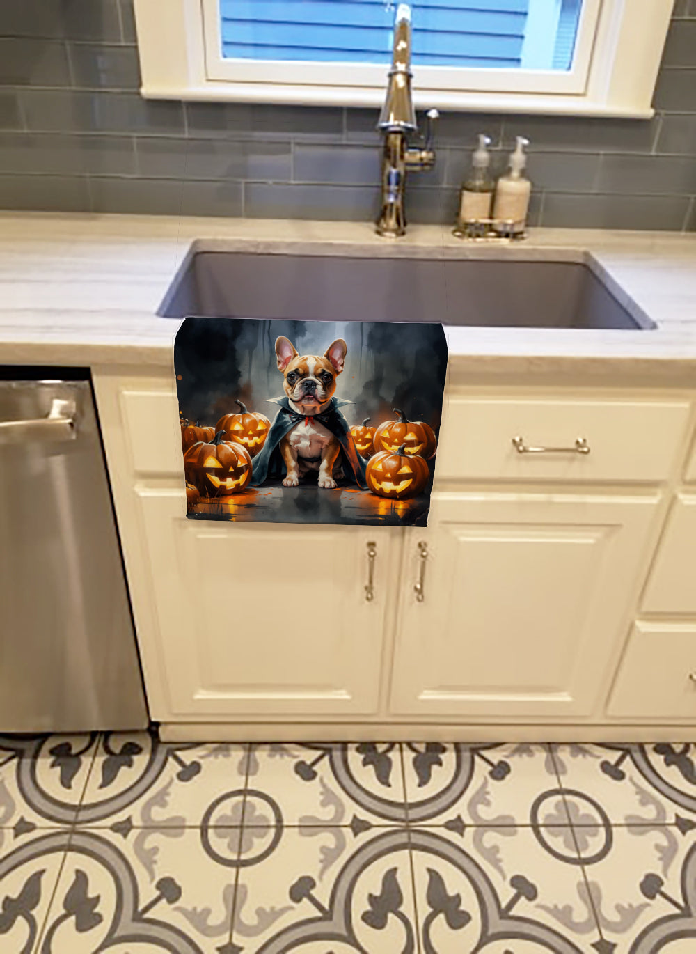 French Bulldog Puppy Halloween Kitchen Towel Velour Plush Front and Cotton Loop Back Machine Washable
