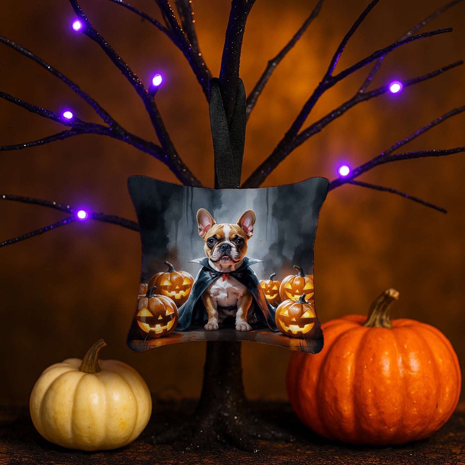 French Bulldog Puppy Halloween Hanging Square Fabric Ornament 3.5 × 3.5 Decorative Door-Knob & Tree Hanger, Soft Fabric