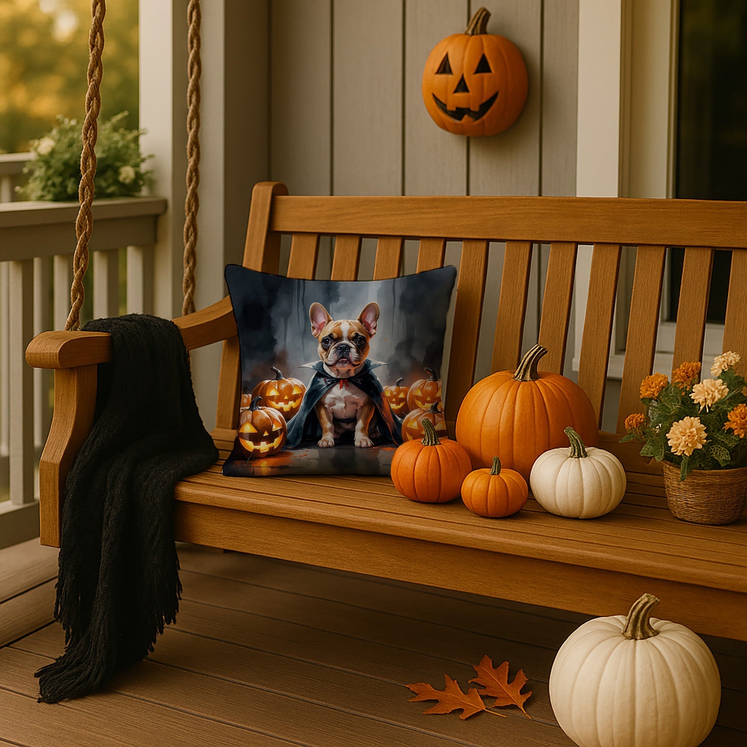 French Bulldog Puppy Halloween Decorative Throw Pillow 14x14 Indoor Outdoor Accent Cushion, Fabric Cover with Insert for Sofa, Bed, Porch & Living Room