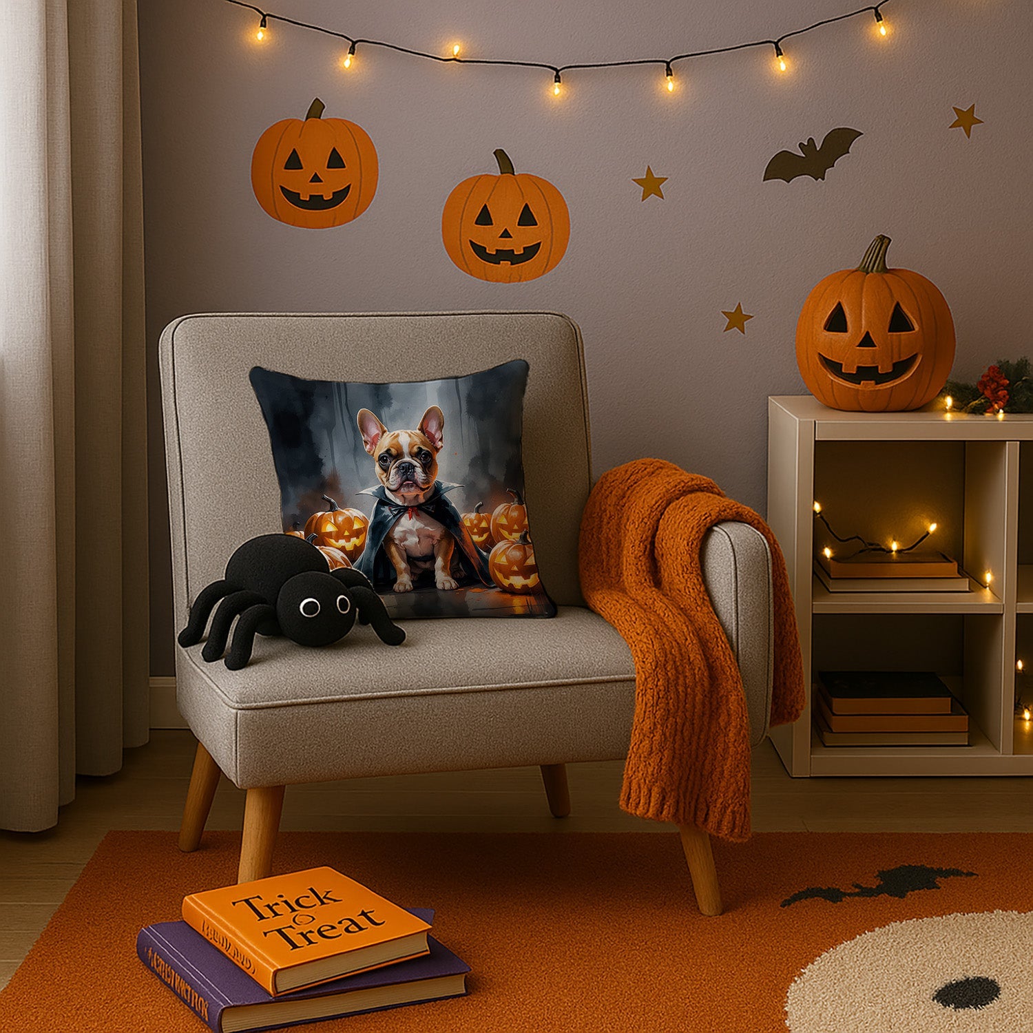 French Bulldog Puppy Halloween Decorative Throw Pillow 14x14 Indoor Outdoor Accent Cushion, Fabric Cover with Insert for Sofa, Bed, Porch & Living Room