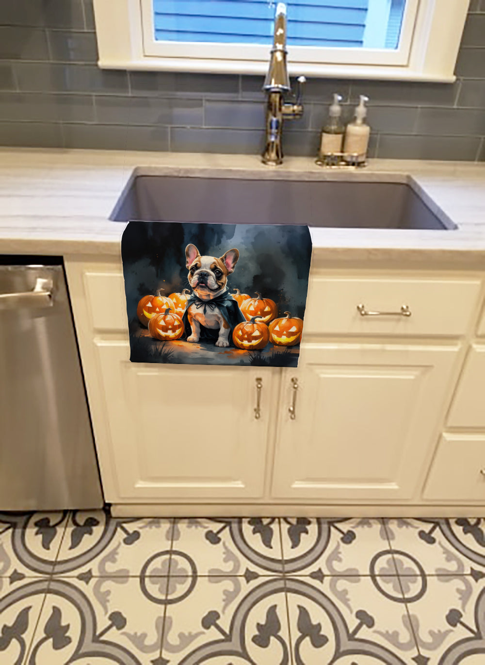 French Bulldog Puppy Halloween Kitchen Towel Velour Plush Front and Cotton Loop Back Machine Washable