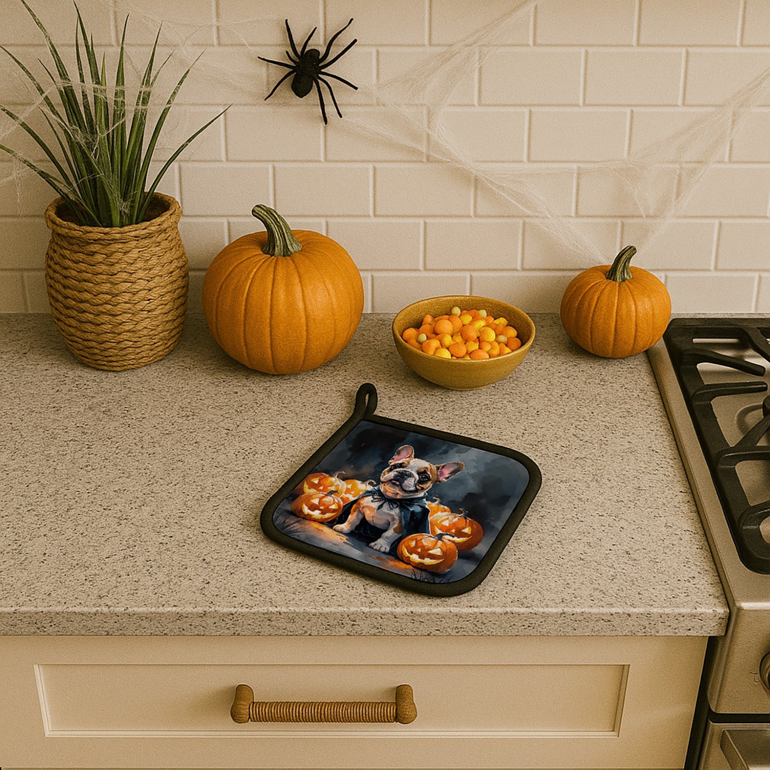 French Bulldog Puppy Halloween Pot Holder Set of 2 Heat Resistant Quilted Hot Pads 7.5 x 7.5 Inch, Insulated Kitchen Trivets for Cooking & Baking