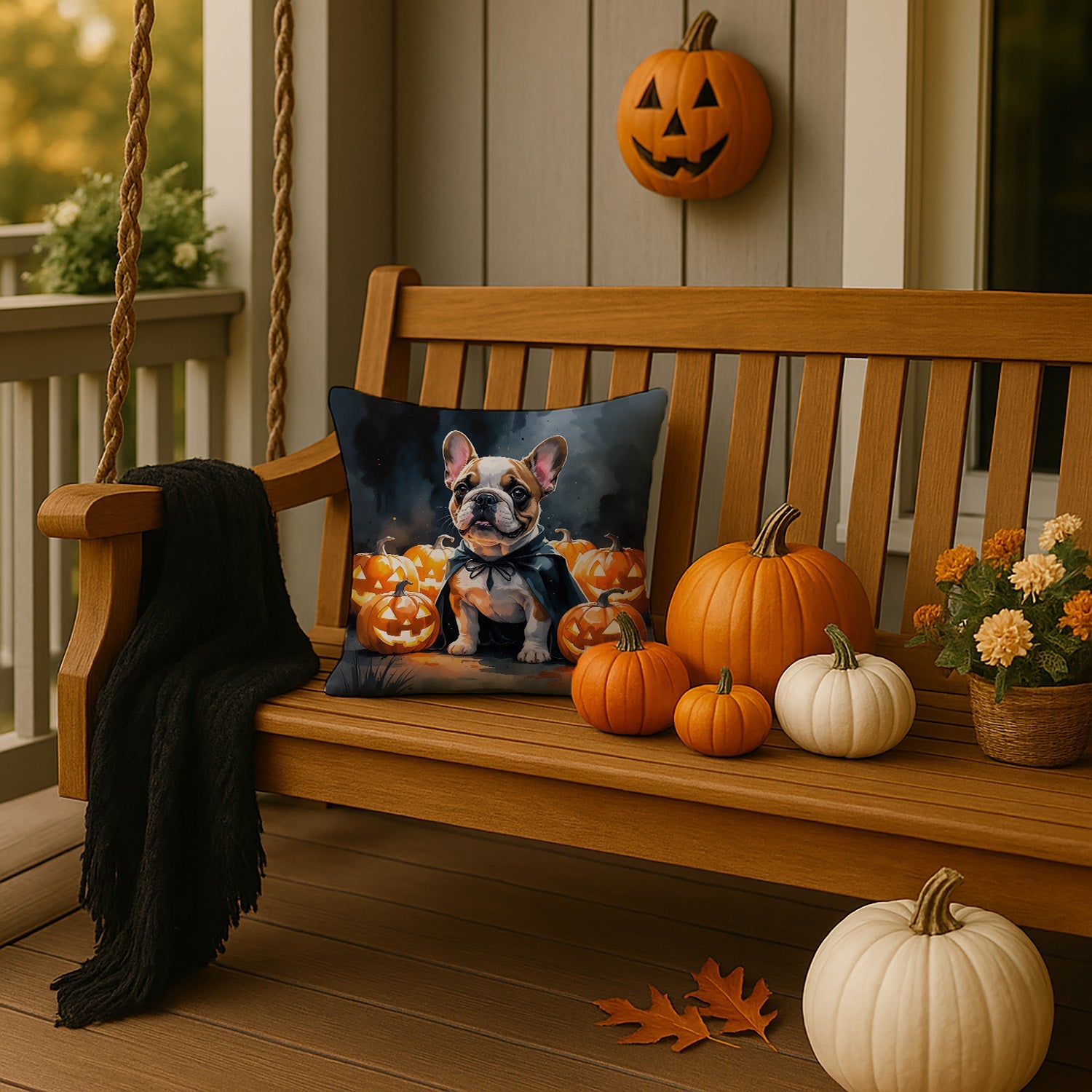 French Bulldog Puppy Halloween Decorative Throw Pillow 14x14 Indoor Outdoor Accent Cushion, Fabric Cover with Insert for Sofa, Bed, Porch & Living Room