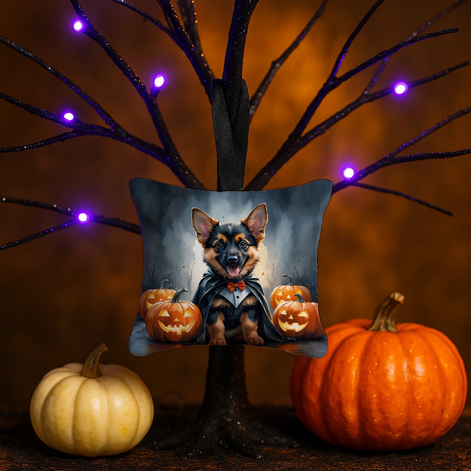 German Shepherd Puppy Halloween Hanging Square Fabric Ornament 3.5 × 3.5 Decorative Door-Knob & Tree Hanger, Soft Fabric