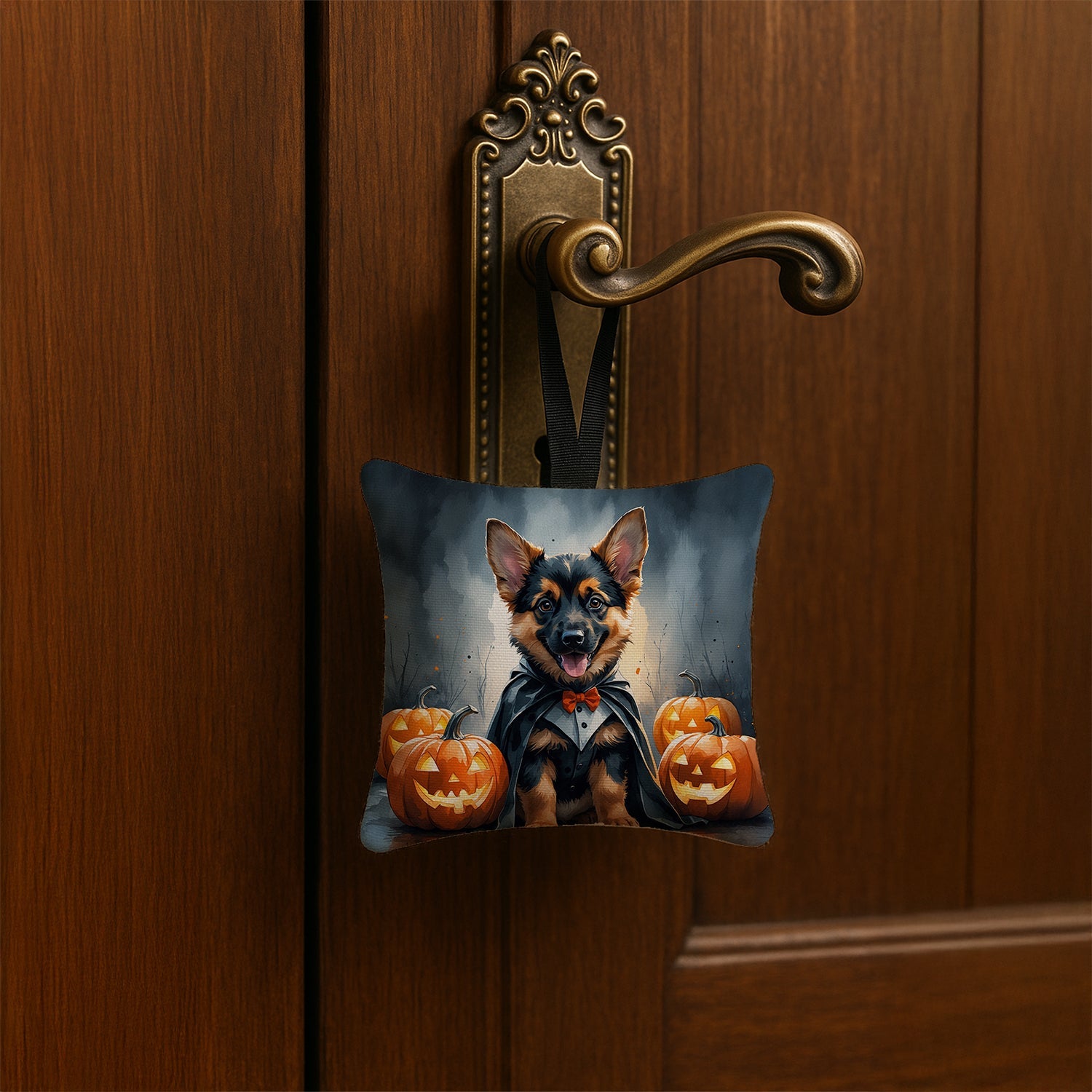 German Shepherd Puppy Halloween Hanging Square Fabric Ornament 3.5 × 3.5 Decorative Door-Knob & Tree Hanger, Soft Fabric