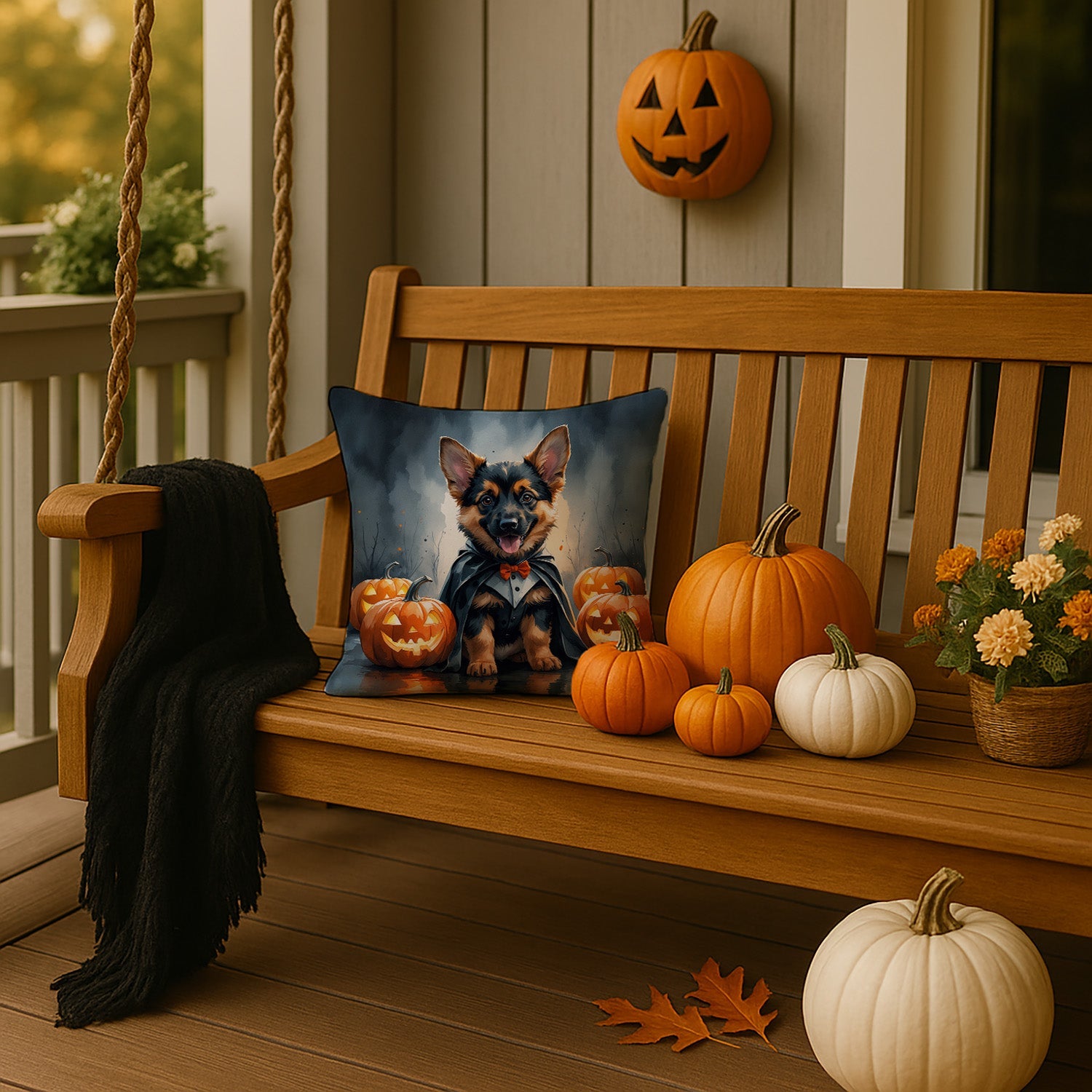 German Shepherd Puppy Halloween Decorative Throw Pillow 14x14 Indoor Outdoor Accent Cushion, Fabric Cover with Insert for Sofa, Bed, Porch & Living Room