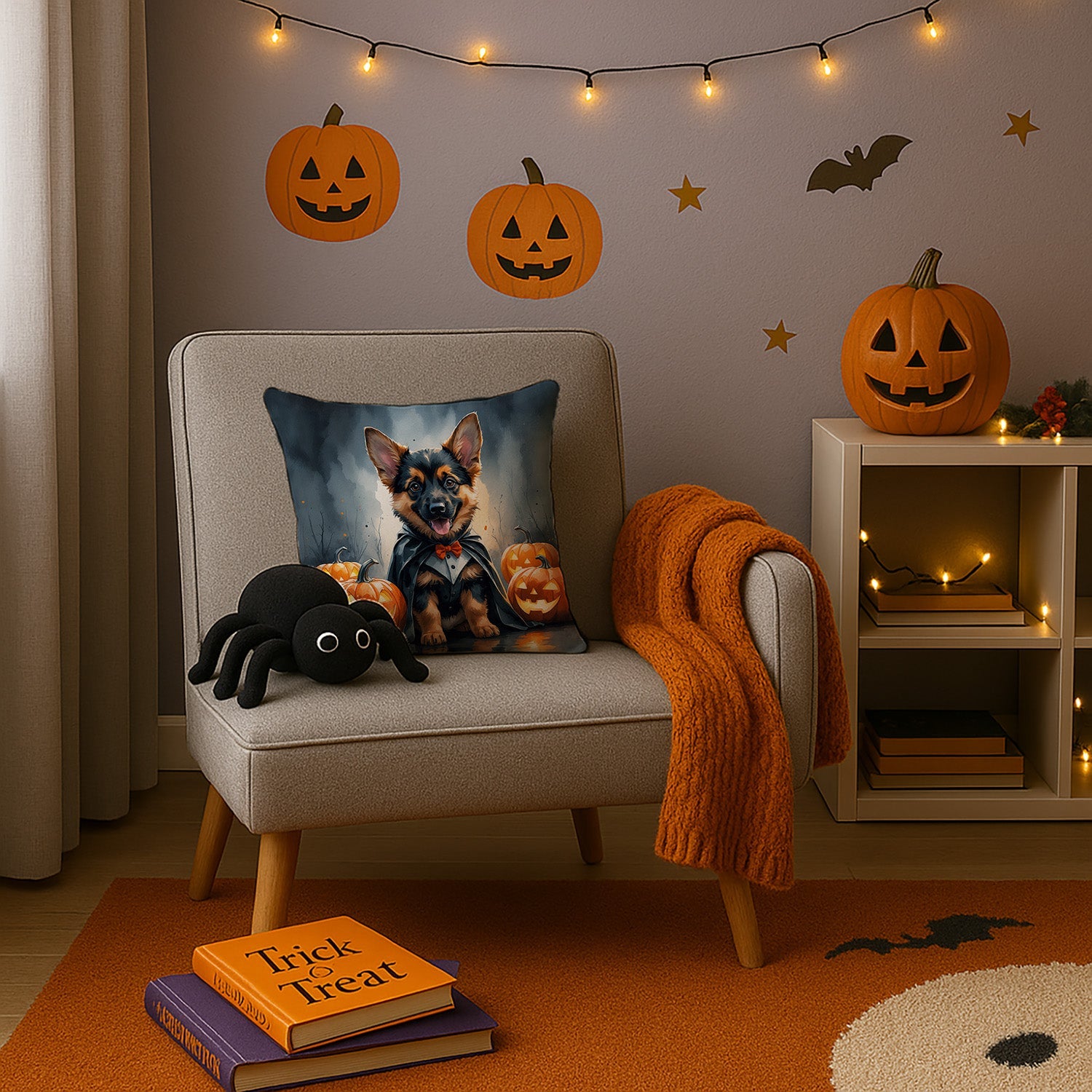 German Shepherd Puppy Halloween Decorative Throw Pillow 14x14 Indoor Outdoor Accent Cushion, Fabric Cover with Insert for Sofa, Bed, Porch & Living Room