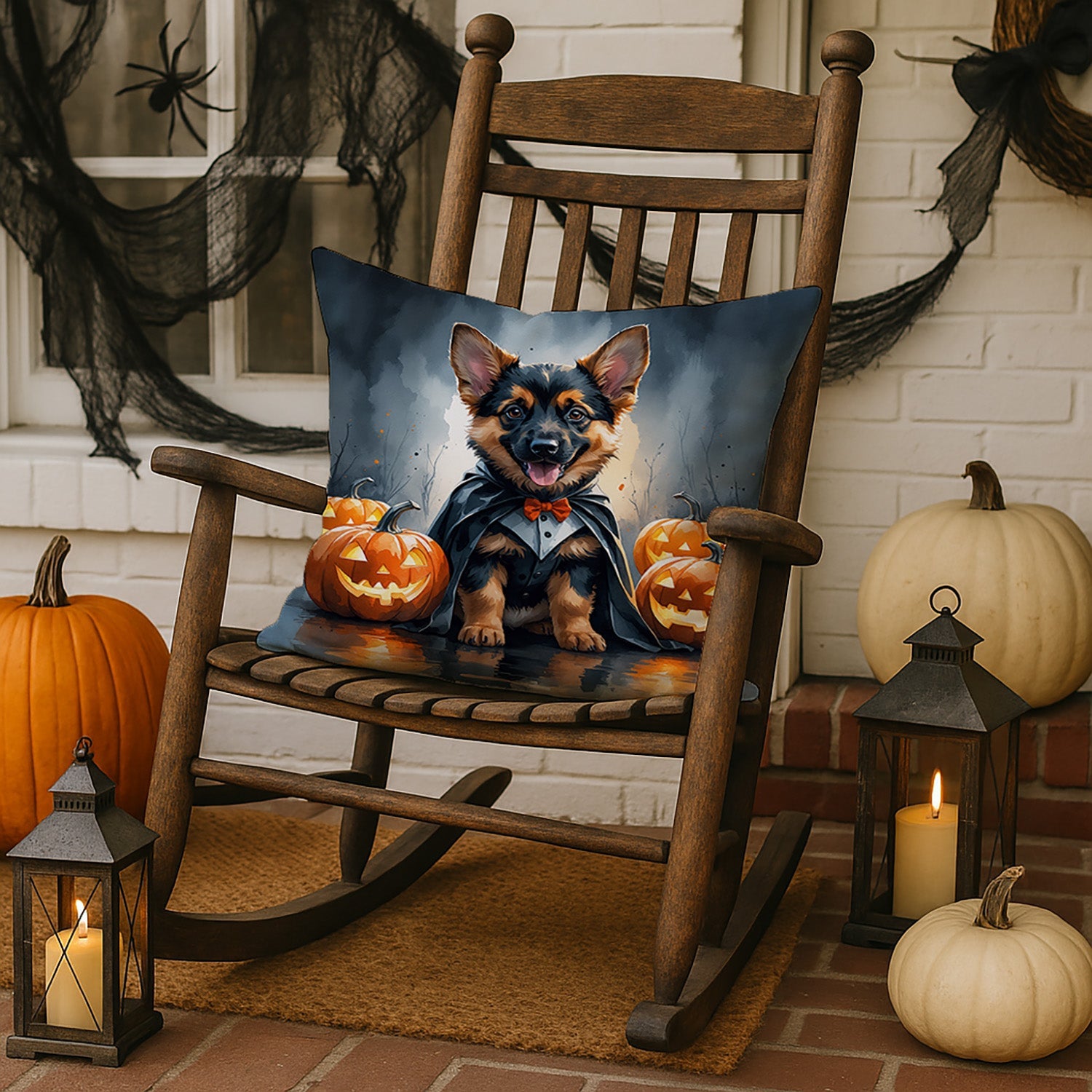 German Shepherd Puppy Halloween Decorative Throw Pillow 18x18 Indoor Outdoor Accent Cushion, Fabric Cover with Insert for Sofa, Bed, Porch & Living Room