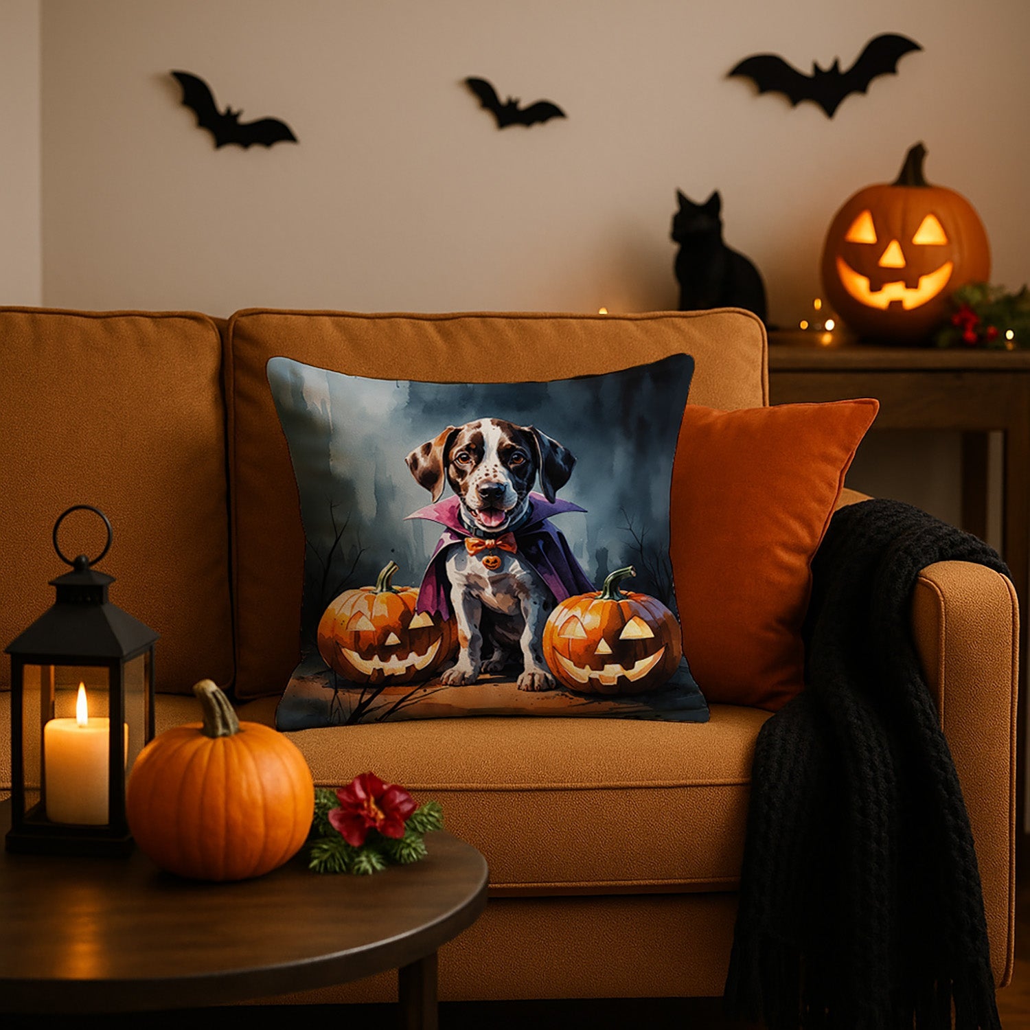 German Shorthaired Pointer Puppy Halloween Decorative Throw Pillow 18x18 Indoor Outdoor Accent Cushion, Fabric Cover with Insert for Sofa, Bed, Porch & Living Room
