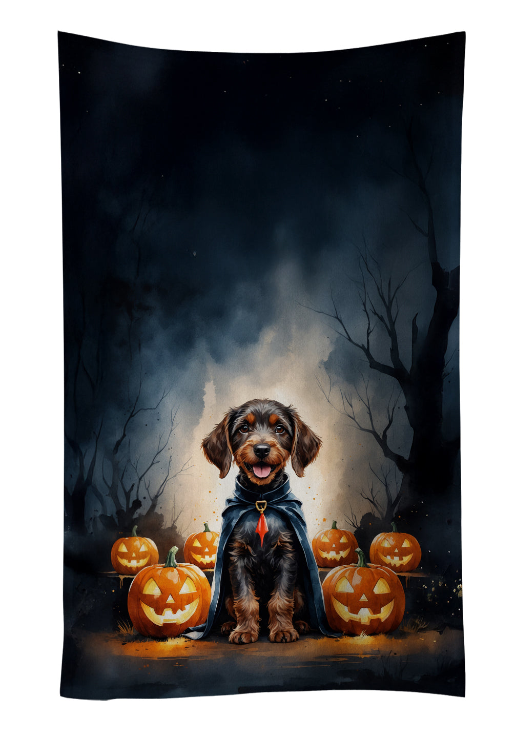 German Wirehaired Pointer Puppy Halloween Kitchen Towel Velour Plush Front and Cotton Loop Back Machine Washable
