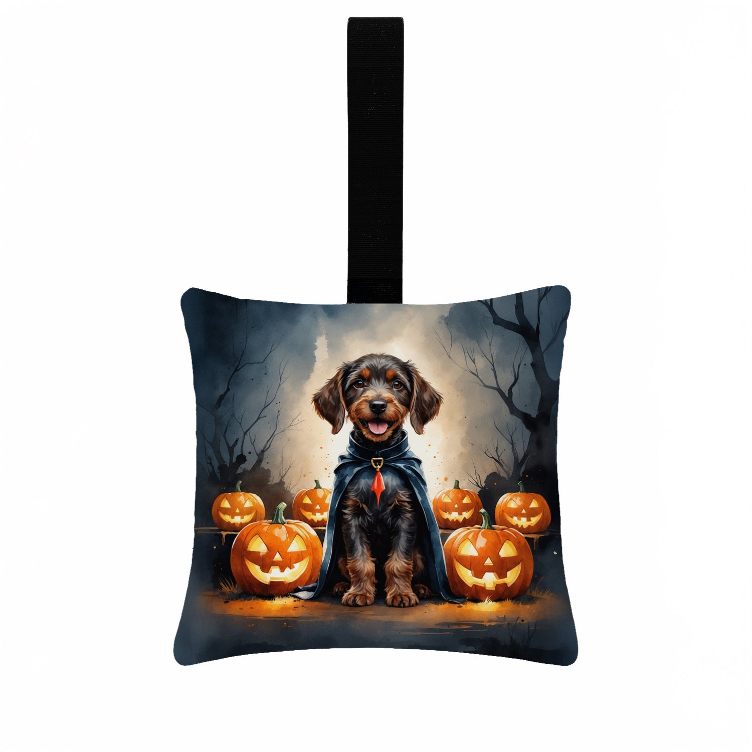 German Wirehaired Pointer Puppy Halloween Hanging Square Fabric Ornament 3.5 × 3.5 Decorative Door-Knob & Tree Hanger, Soft Fabric