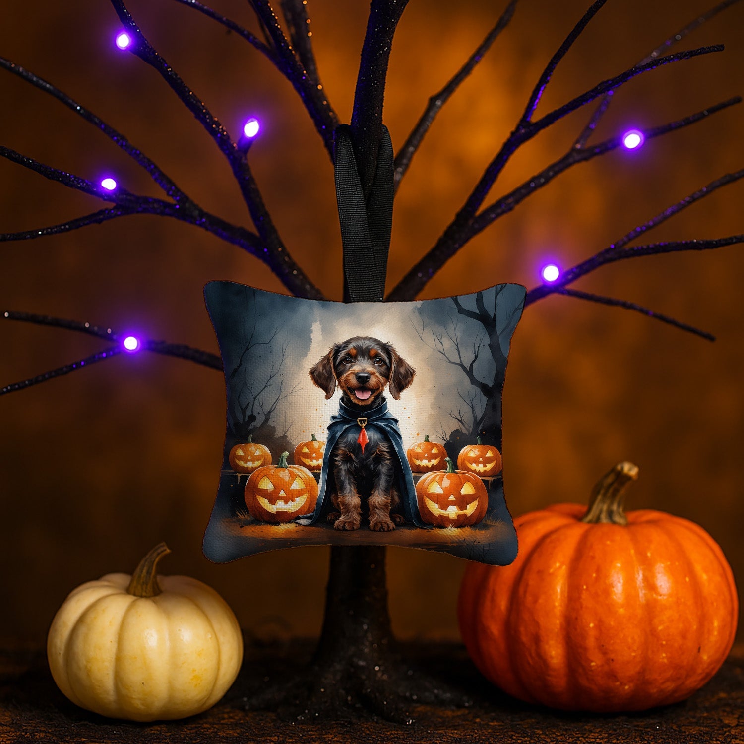 German Wirehaired Pointer Puppy Halloween Hanging Square Fabric Ornament 3.5 × 3.5 Decorative Door-Knob & Tree Hanger, Soft Fabric