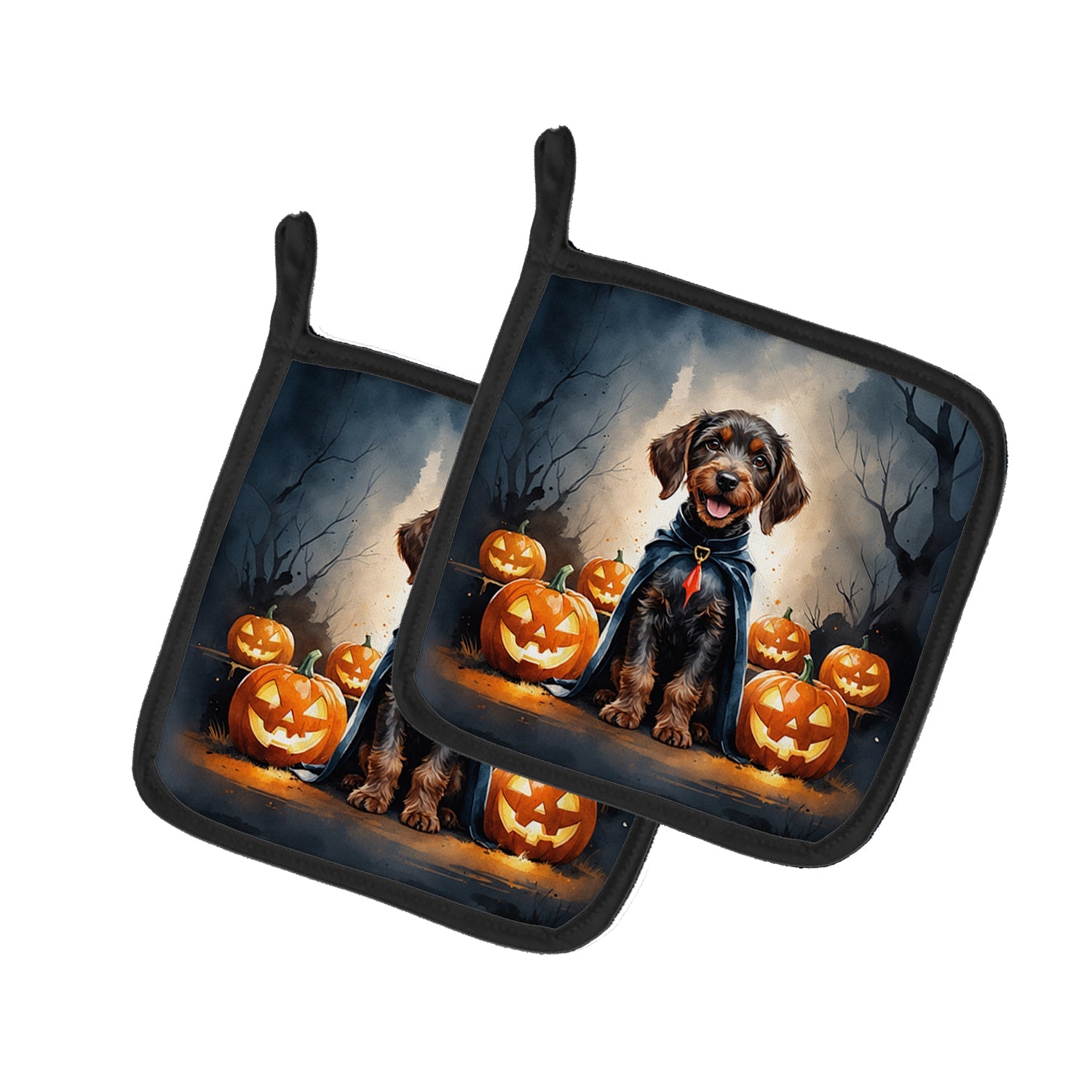 German Wirehaired Pointer Puppy Halloween Pot Holder Set of 2 Heat Resistant Quilted Hot Pads 7.5 x 7.5 Inch, Insulated Kitchen Trivets for Cooking & Baking