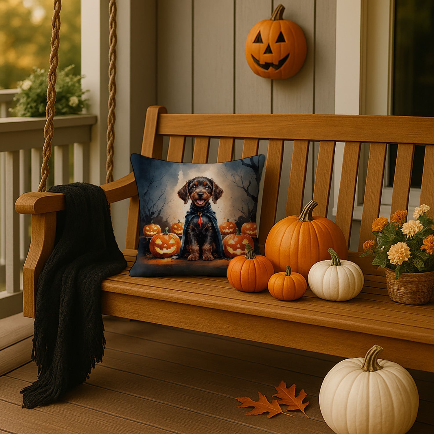 German Wirehaired Pointer Puppy Halloween Decorative Throw Pillow 14x14 Indoor Outdoor Accent Cushion, Fabric Cover with Insert for Sofa, Bed, Porch & Living Room