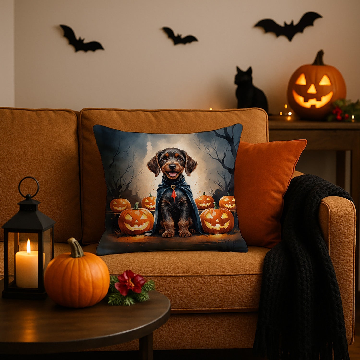 German Wirehaired Pointer Puppy Halloween Decorative Throw Pillow 18x18 Indoor Outdoor Accent Cushion, Fabric Cover with Insert for Sofa, Bed, Porch & Living Room