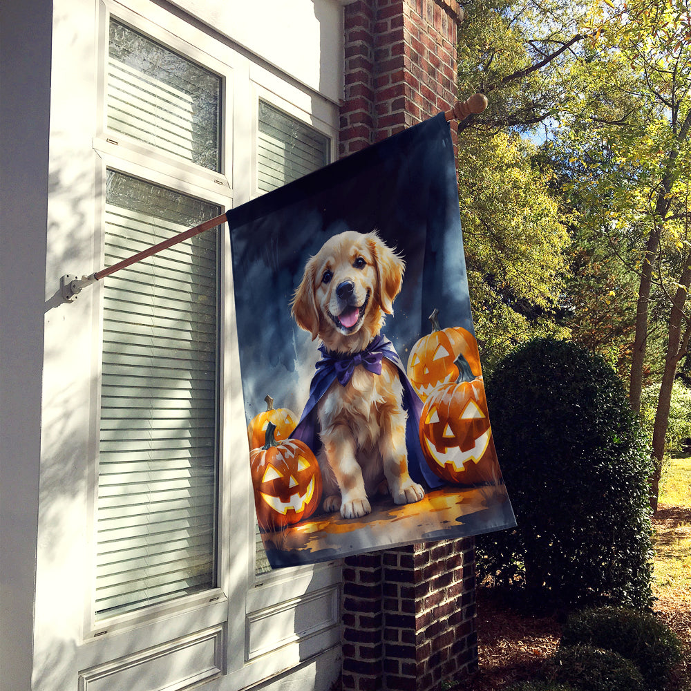 Golden Retriever Puppy Halloween House Flag 28x40 Porch Sleeve Pole Decorative Outside Yard Banner Artwork Wall Hanging, Polyester