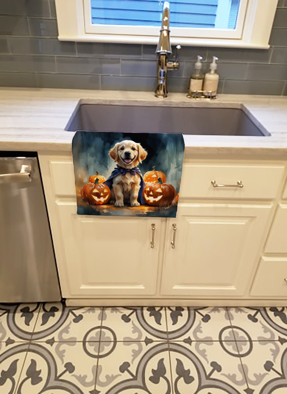 Golden Retriever Puppy Halloween Kitchen Towel Velour Plush Front and Cotton Loop Back Machine Washable